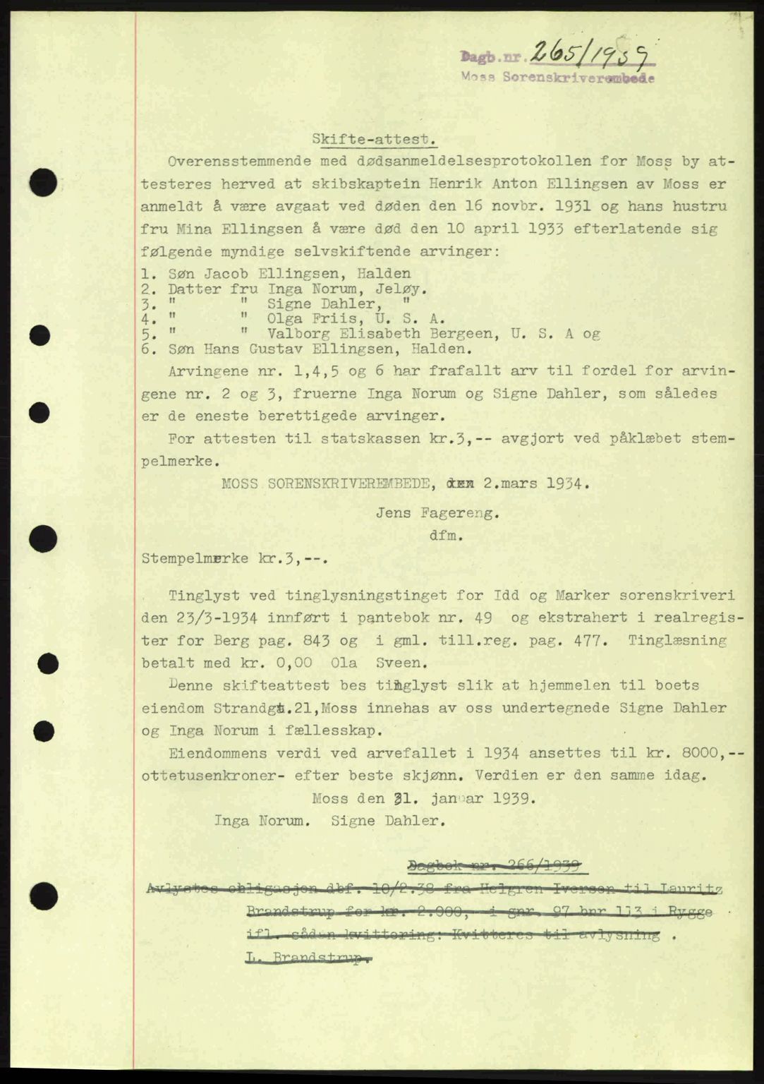 Moss sorenskriveri, SAO/A-10168: Mortgage book no. A5, 1938-1939, Diary no: : 265/1939
