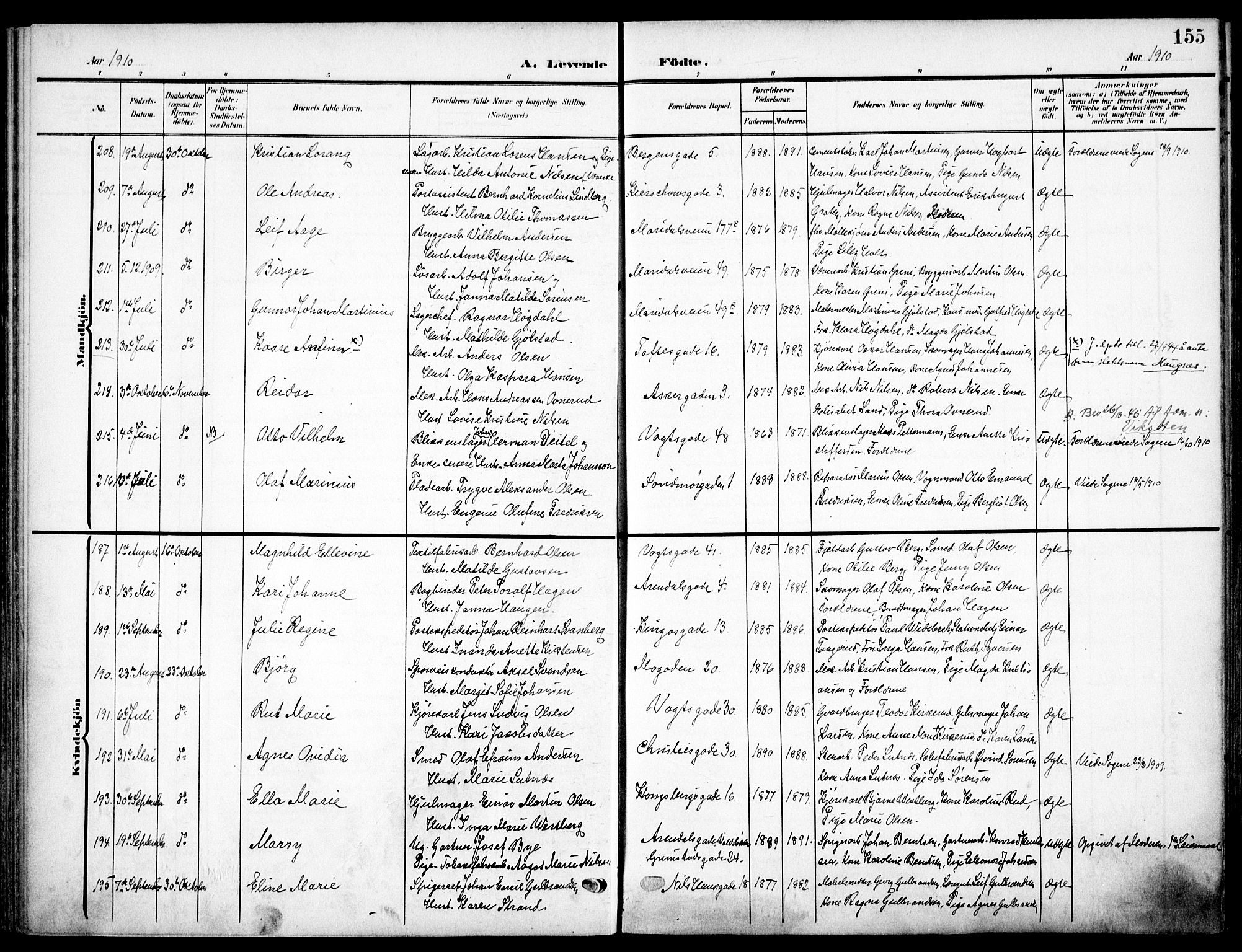 Sagene prestekontor Kirkebøker, SAO/A-10796/F/L0007: Parish register (official) no. 7, 1905-1915, p. 155
