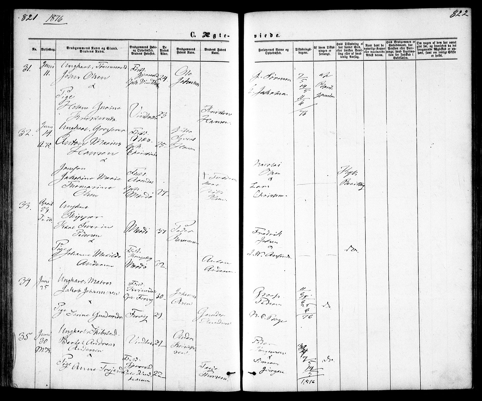 Tromøy sokneprestkontor, AV/SAK-1111-0041/F/Fa/L0008: Parish register (official) no. A 8, 1870-1877, p. 821-822