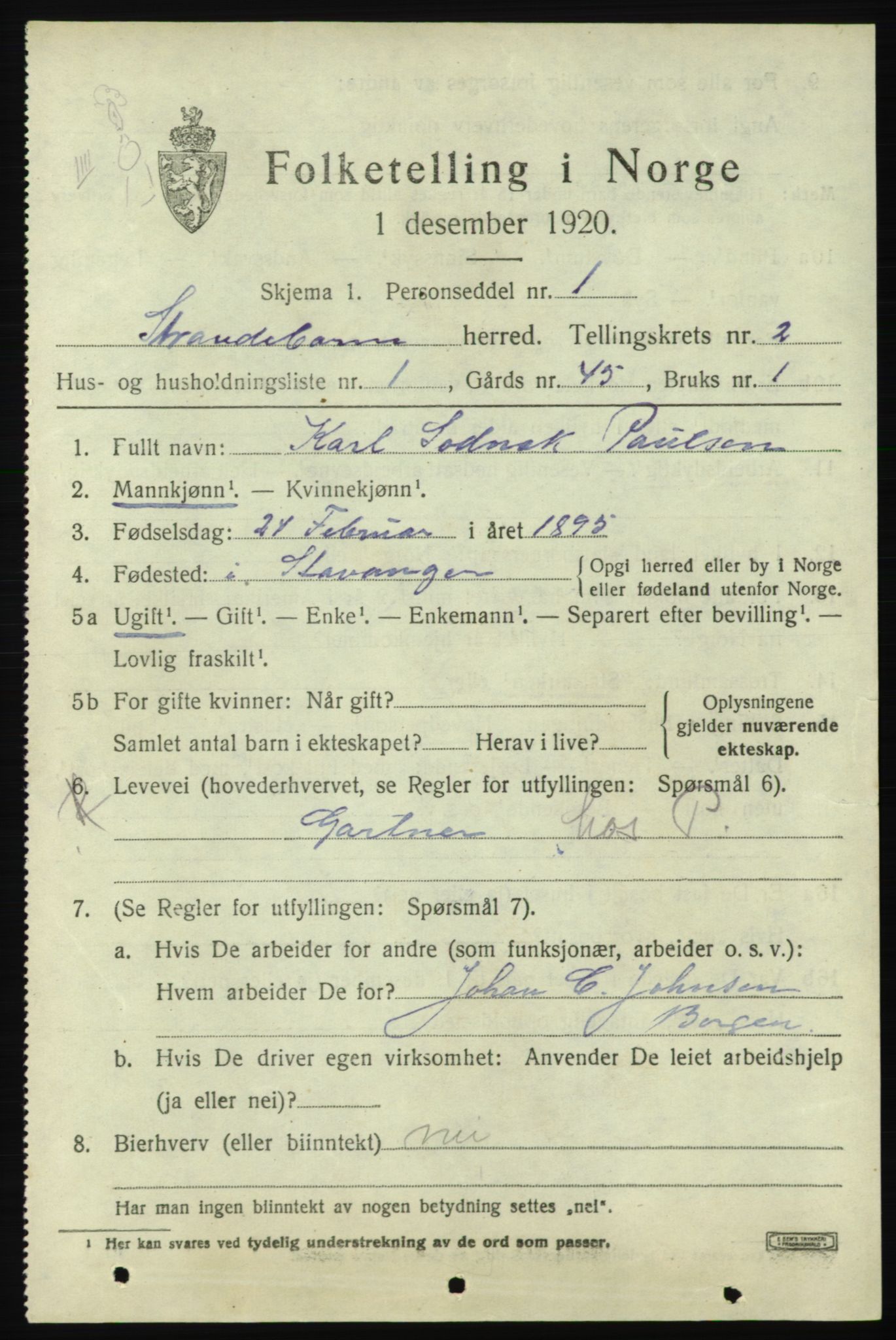 SAB, 1920 census for Strandebarm, 1920, p. 1874