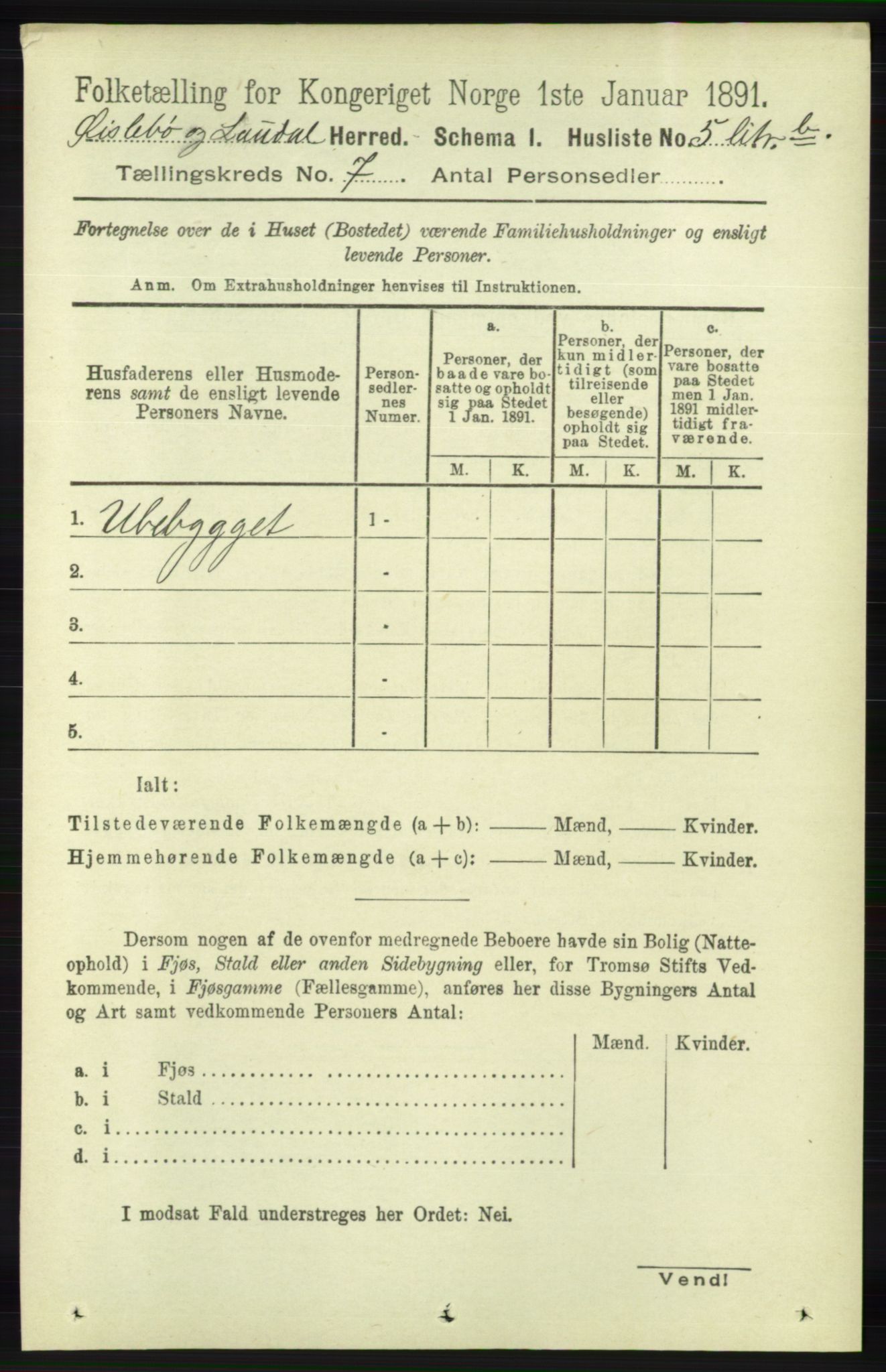 RA, 1891 census for 1021 Øyslebø og Laudal, 1891, p. 1907