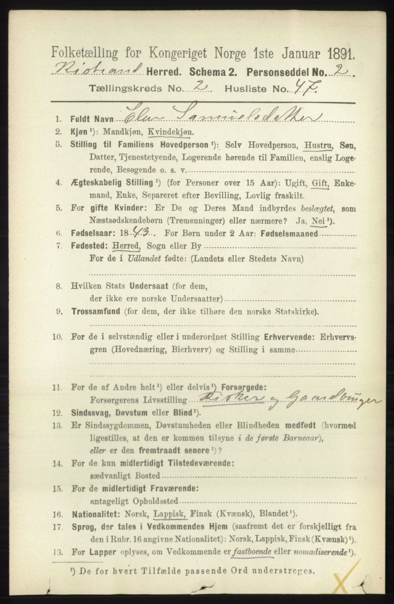 RA, 1891 census for 2020 Kistrand, 1891, p. 853