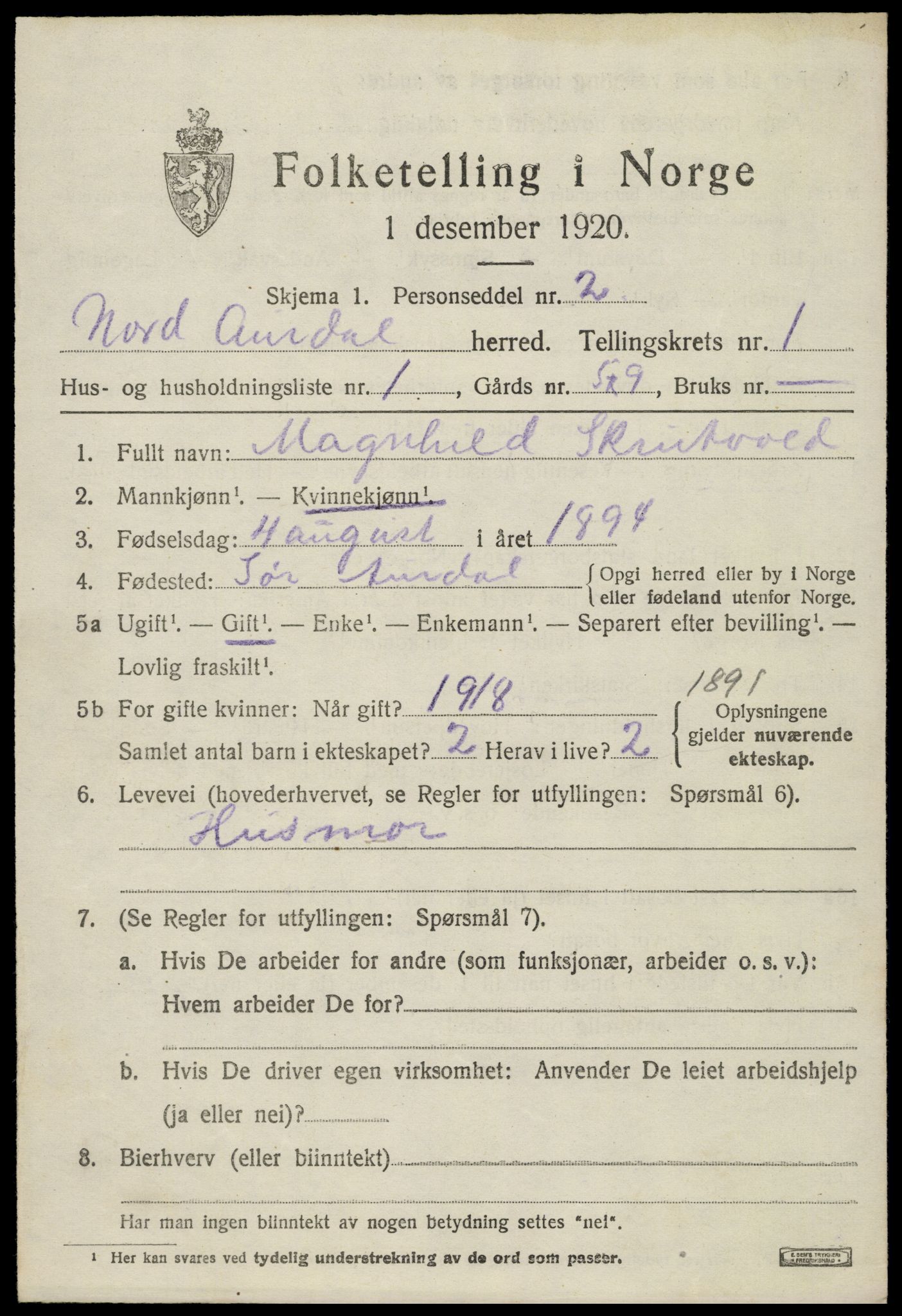 SAH, 1920 census for Nord-Aurdal, 1920, p. 1898