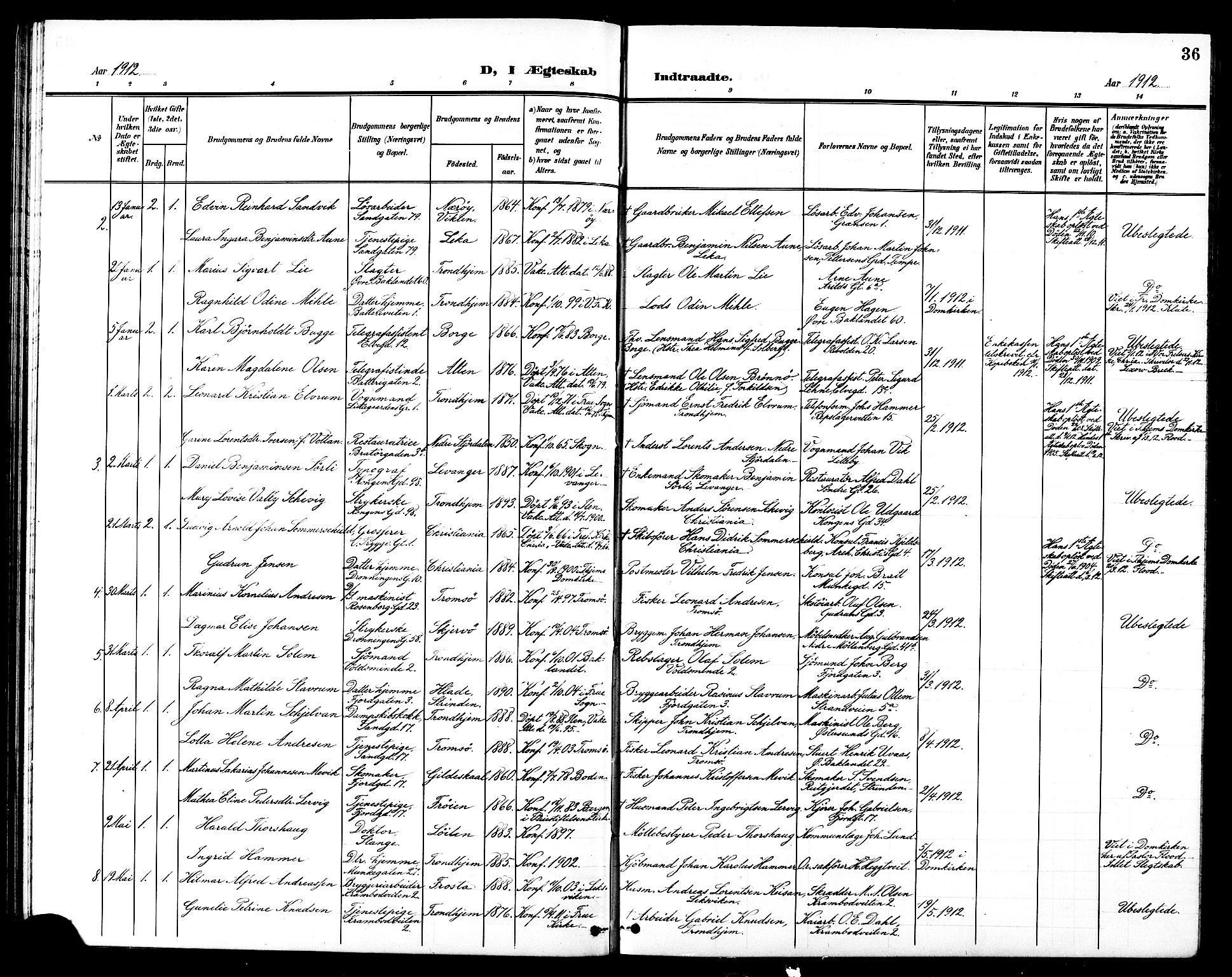 Ministerialprotokoller, klokkerbøker og fødselsregistre - Sør-Trøndelag, SAT/A-1456/602/L0145: Parish register (copy) no. 602C13, 1902-1919, p. 36