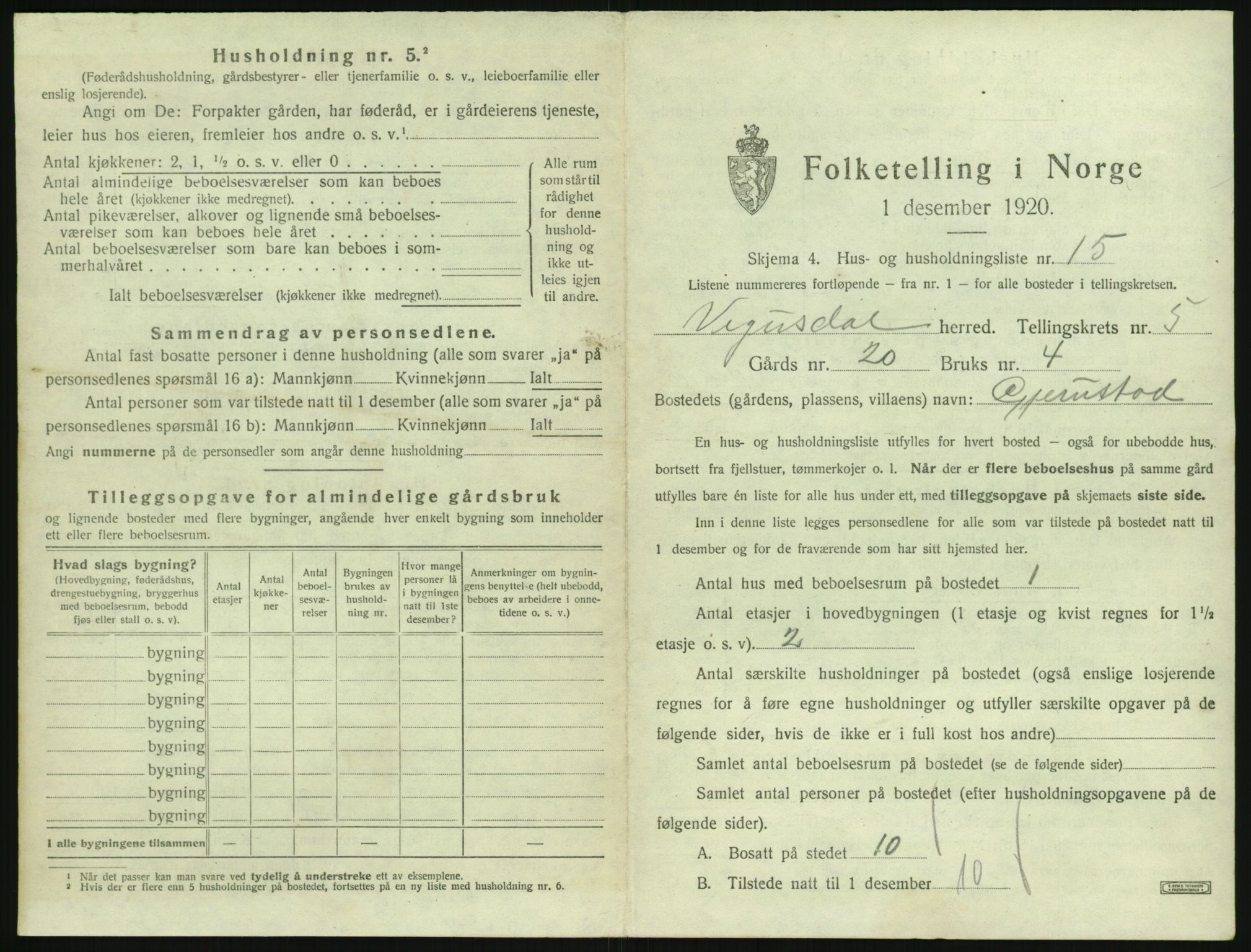 SAK, 1920 census for Vegusdal, 1920, p. 233