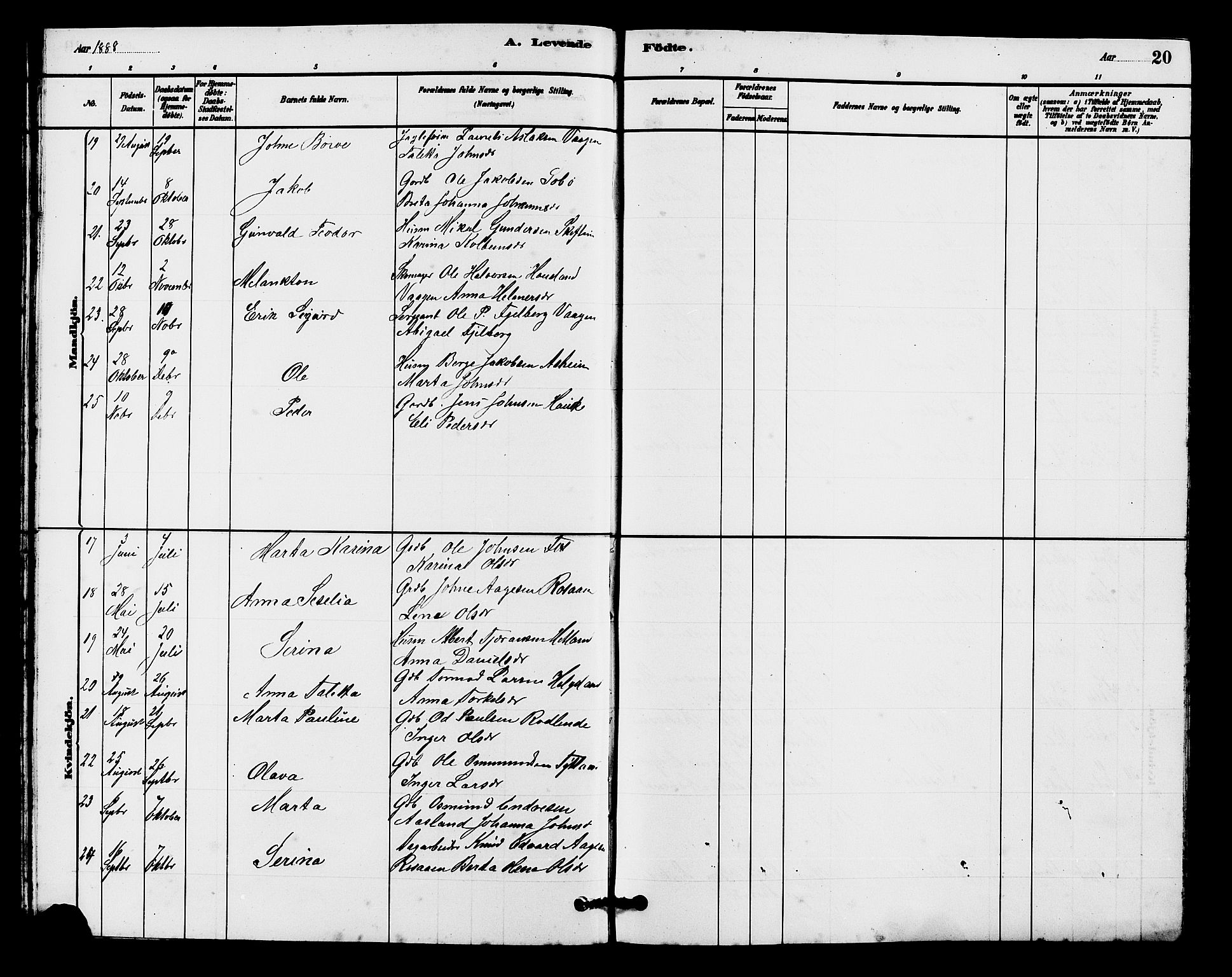 Hjelmeland sokneprestkontor, AV/SAST-A-101843/01/V/L0007: Parish register (copy) no. B 7, 1880-1909, p. 20