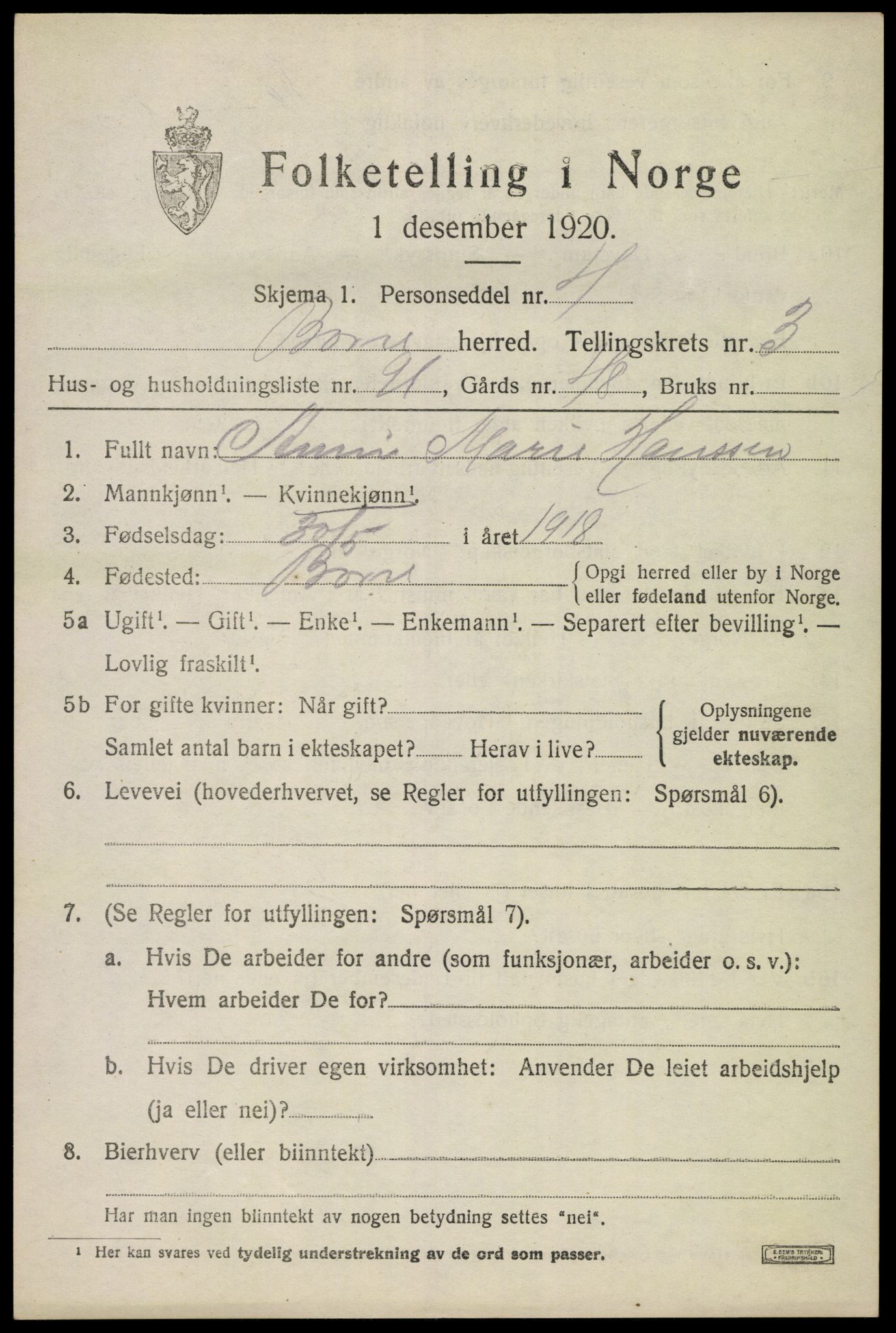 SAKO, 1920 census for Borre, 1920, p. 7104