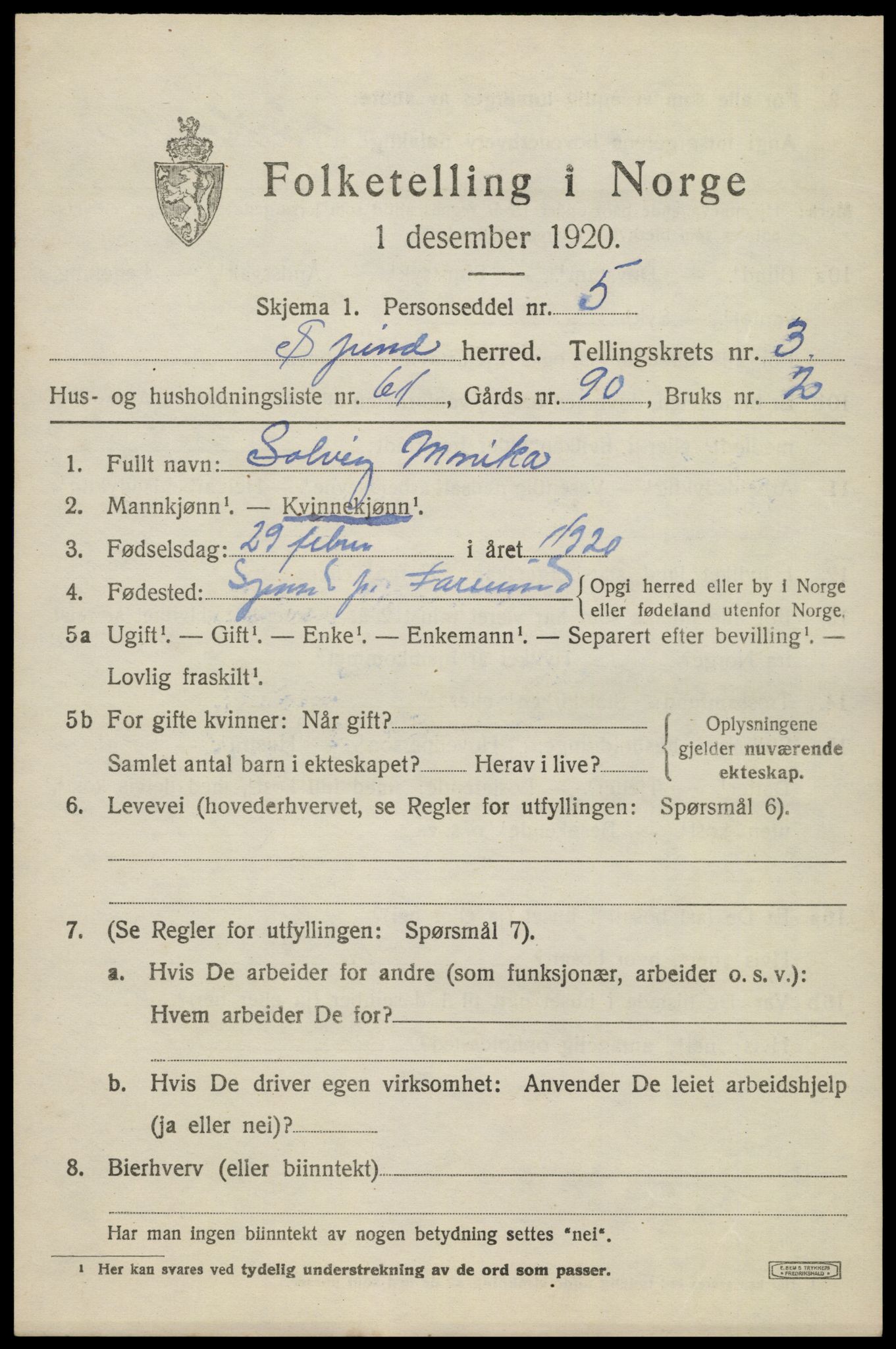 SAK, 1920 census for Spind, 1920, p. 2171