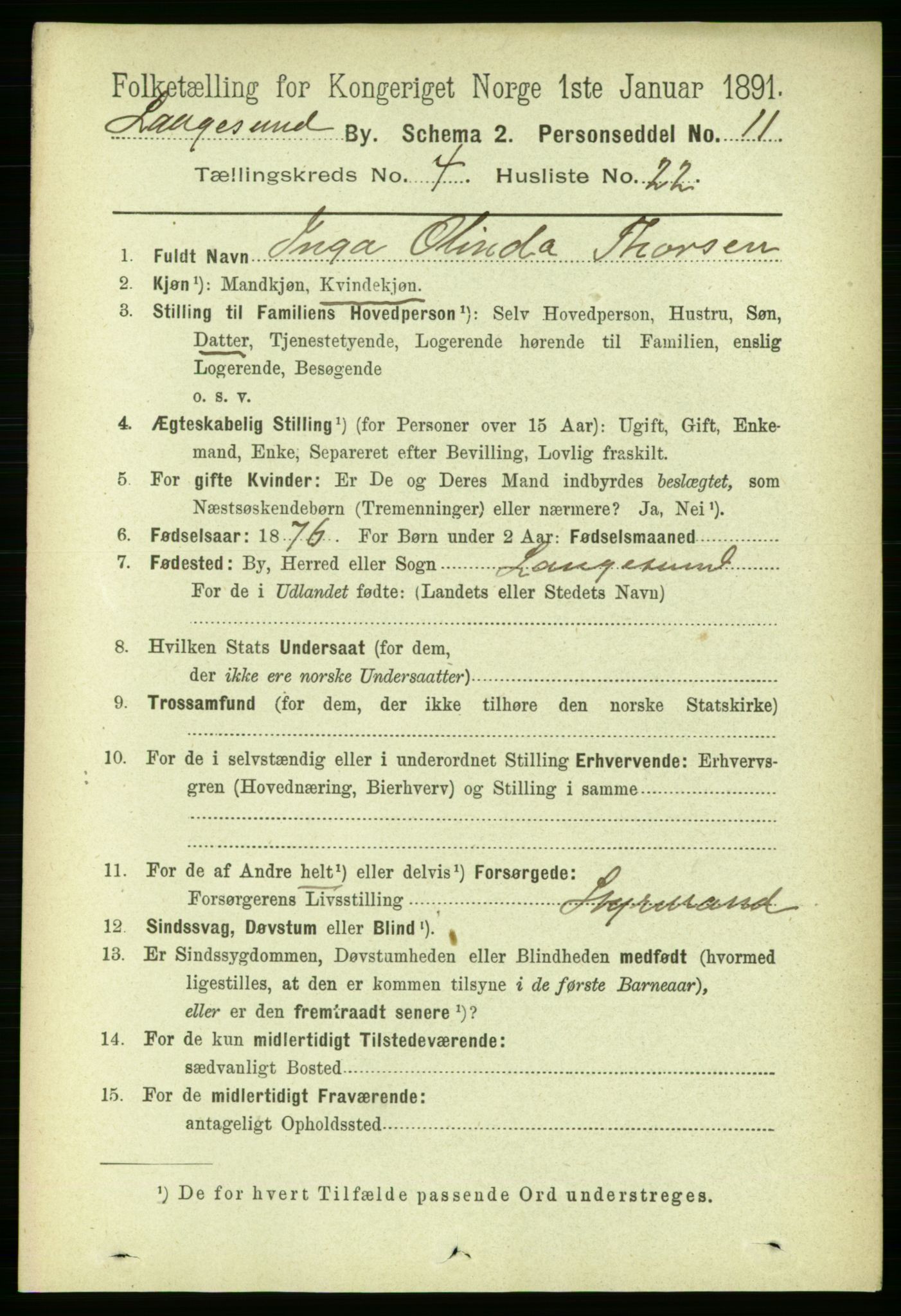 RA, 1891 census for 0802 Langesund, 1891, p. 1285