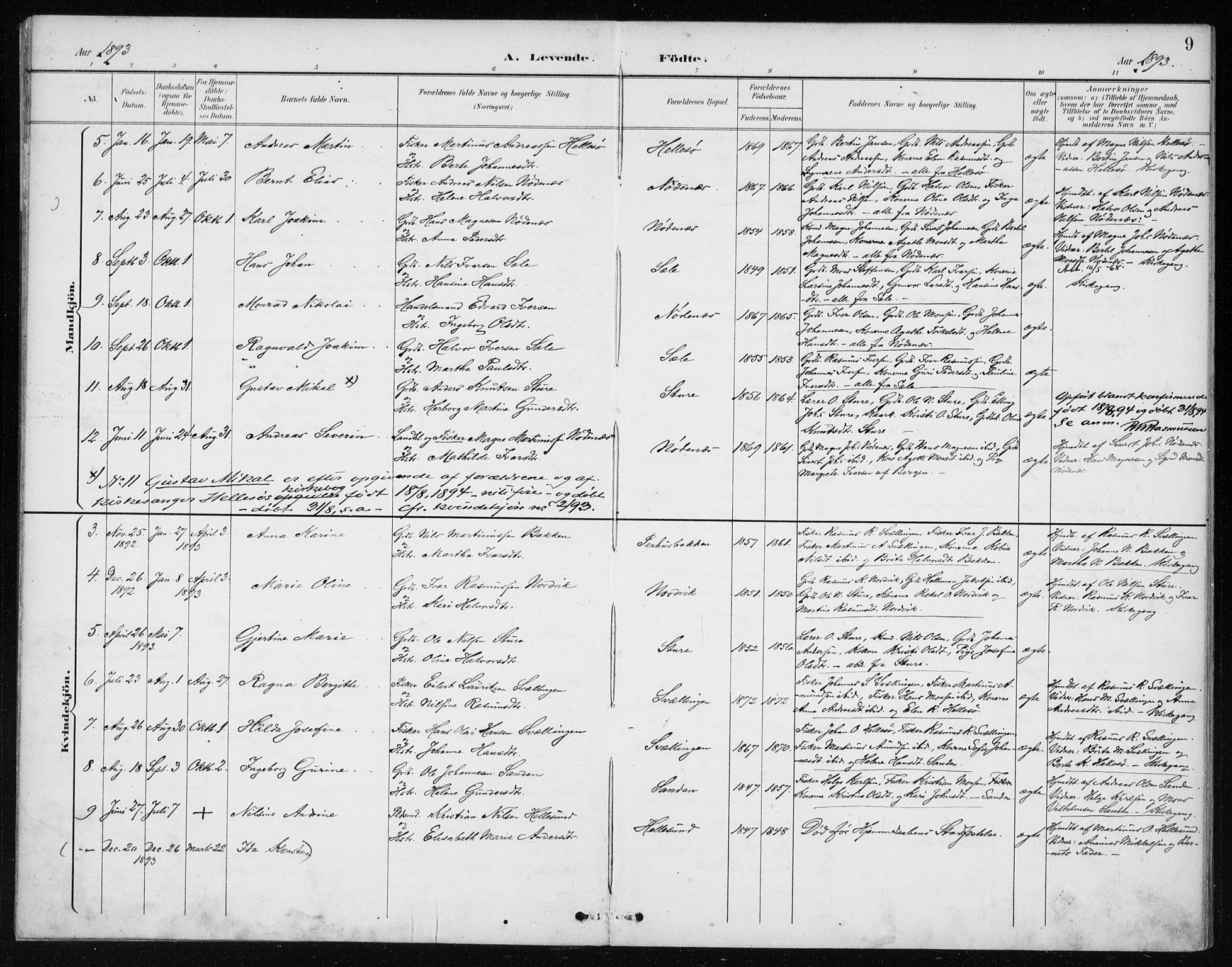 Manger sokneprestembete, SAB/A-76801/H/Haa: Parish register (official) no. E  2, 1891-1902, p. 9