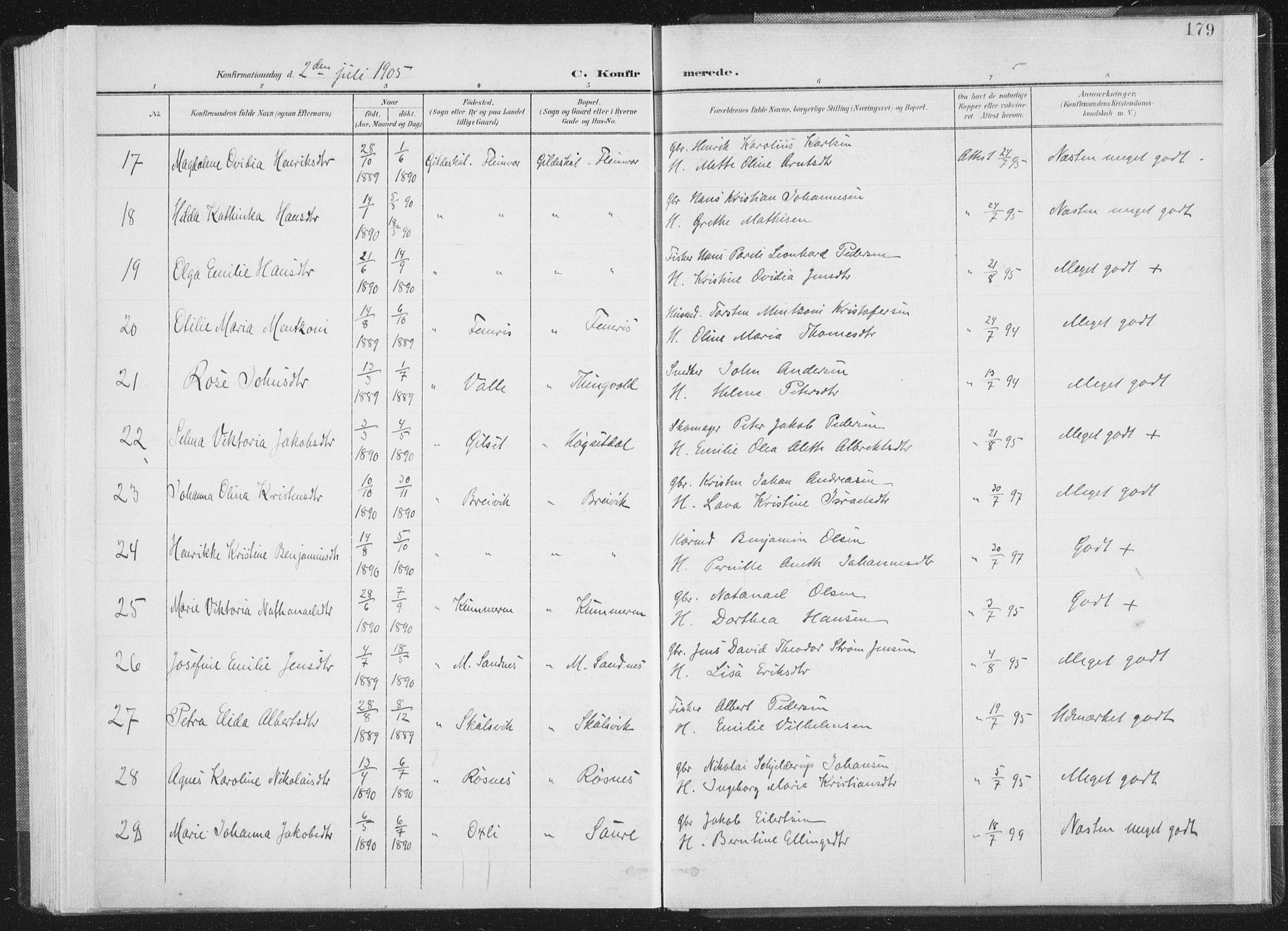 Ministerialprotokoller, klokkerbøker og fødselsregistre - Nordland, AV/SAT-A-1459/805/L0102: Parish register (official) no. 805A08I, 1900-1909, p. 179