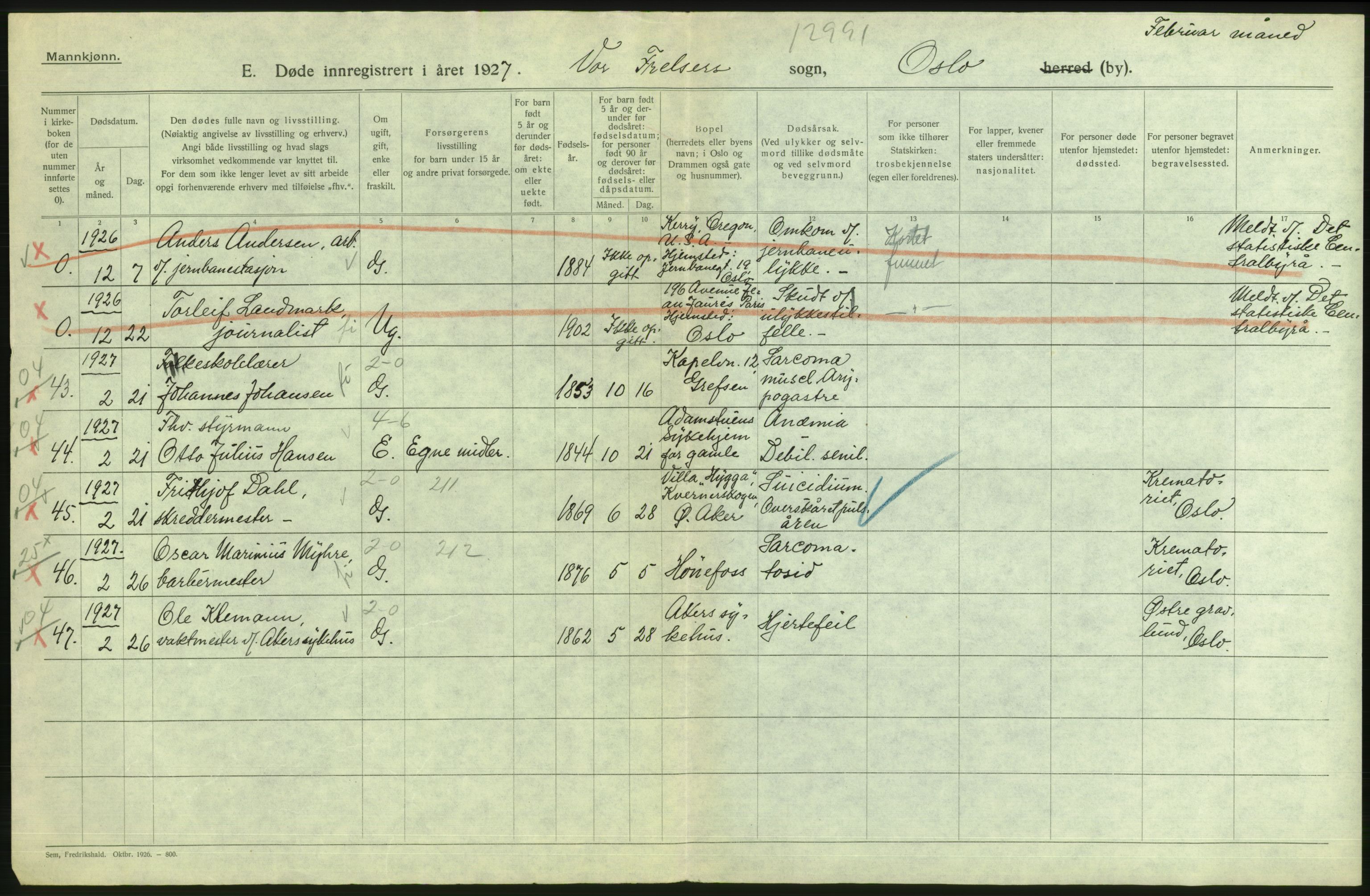 Statistisk sentralbyrå, Sosiodemografiske emner, Befolkning, AV/RA-S-2228/D/Df/Dfc/Dfcg/L0009: Oslo: Døde menn, 1927, p. 12