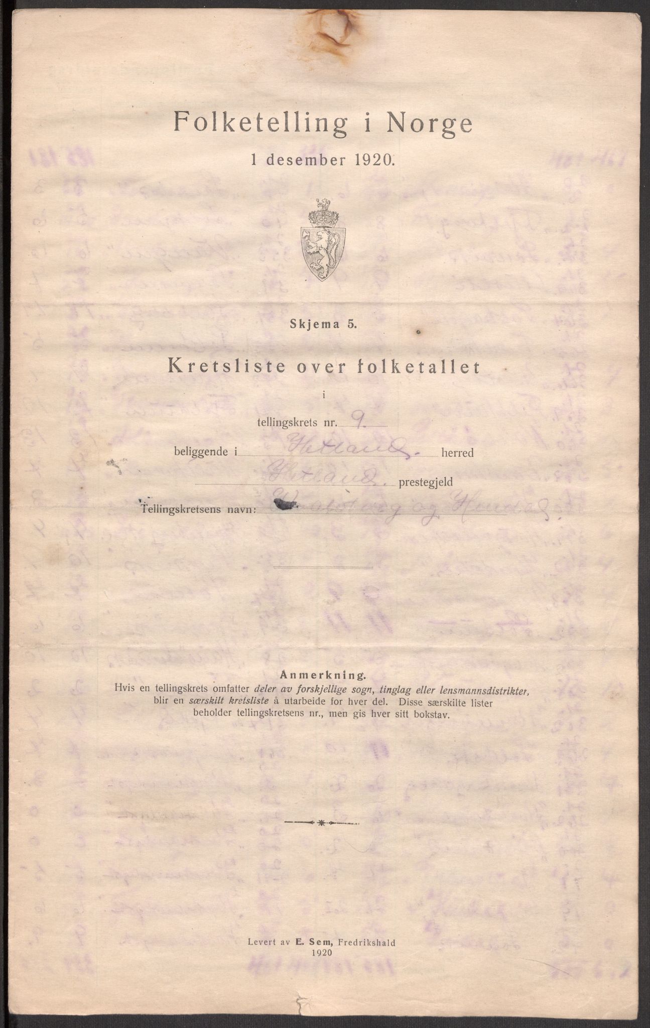 SAST, 1920 census for Hetland, 1920, p. 43