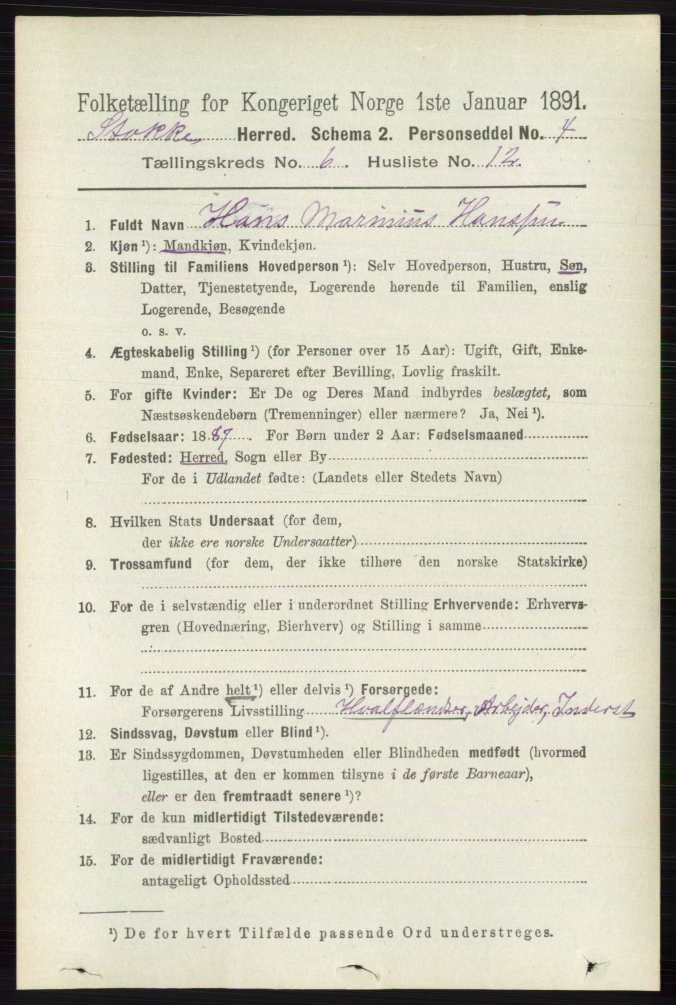 RA, 1891 census for 0720 Stokke, 1891, p. 3865