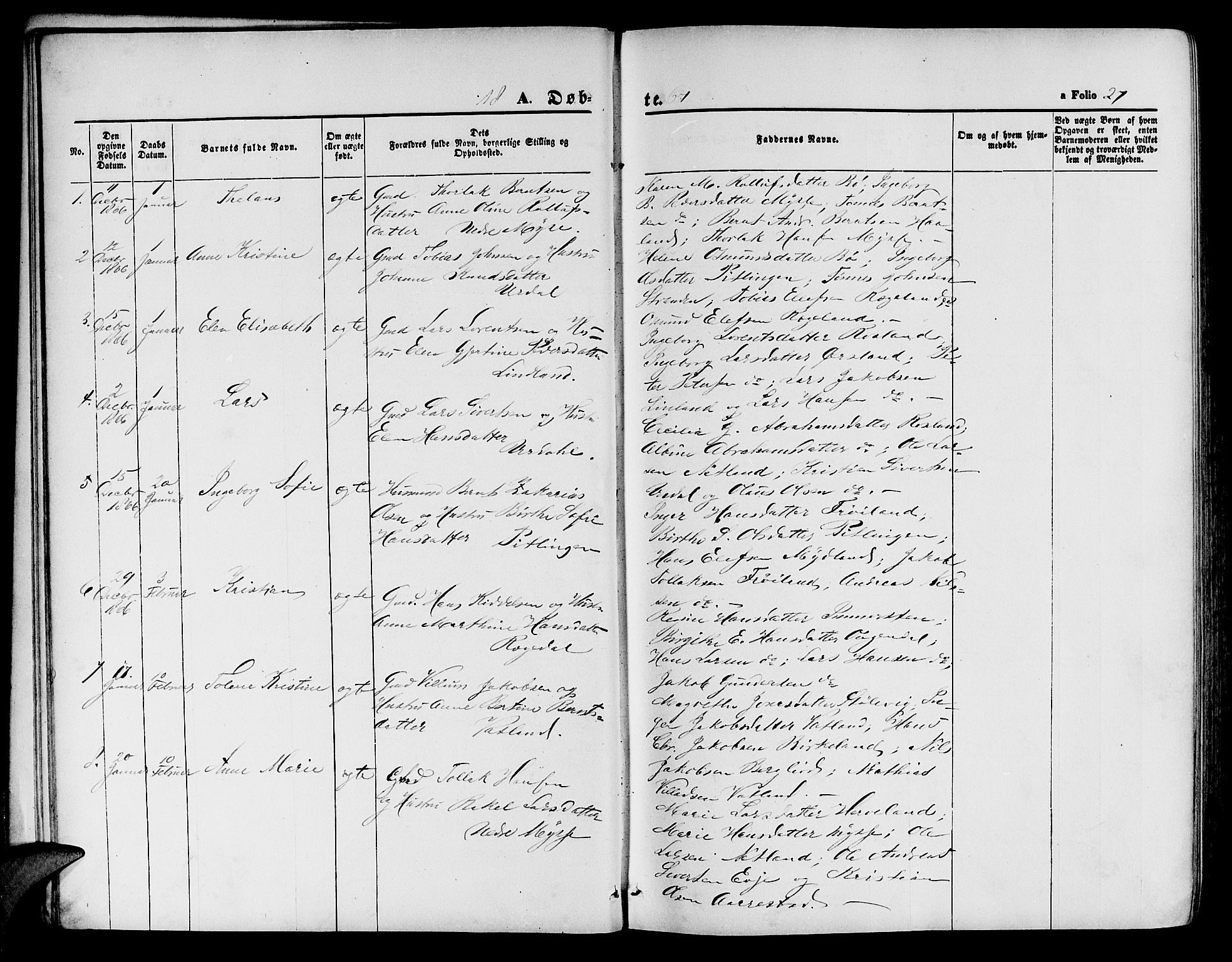 Sokndal sokneprestkontor, AV/SAST-A-101808: Parish register (copy) no. B 3, 1865-1879, p. 27