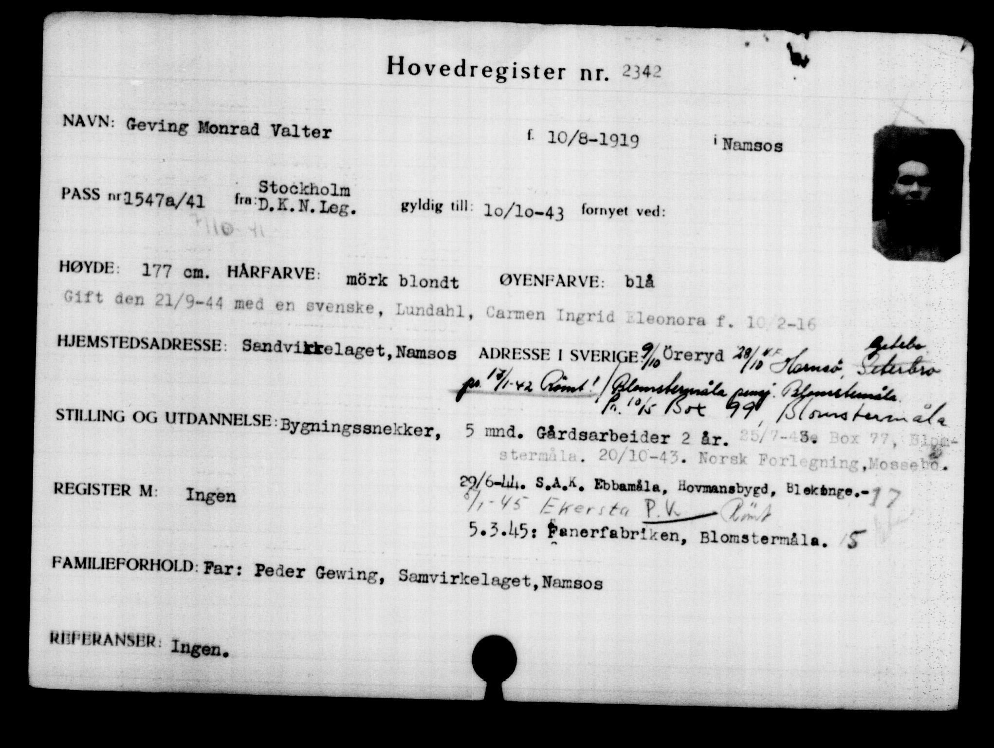 Utenriksstasjonene, Legasjonen i Stockholm, Flyktningkontoret, AV/RA-S-6753/V/Va/L0003: Kjesäterkartoteket, flyktninger med registreringsnr. 2001-3495, 1940-1945, p. 482
