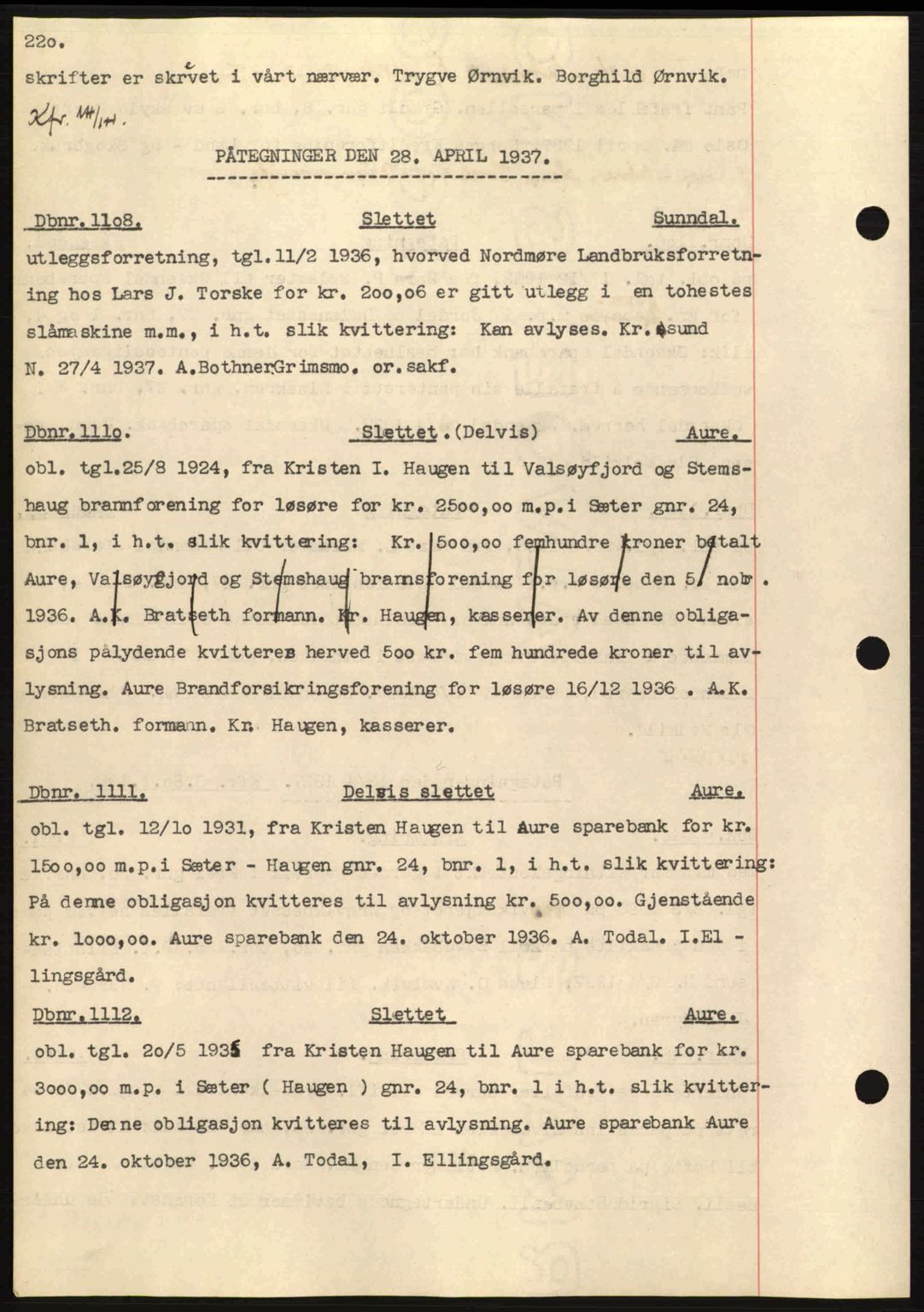 Nordmøre sorenskriveri, AV/SAT-A-4132/1/2/2Ca: Mortgage book no. C80, 1936-1939, Diary no: : 1108/1937