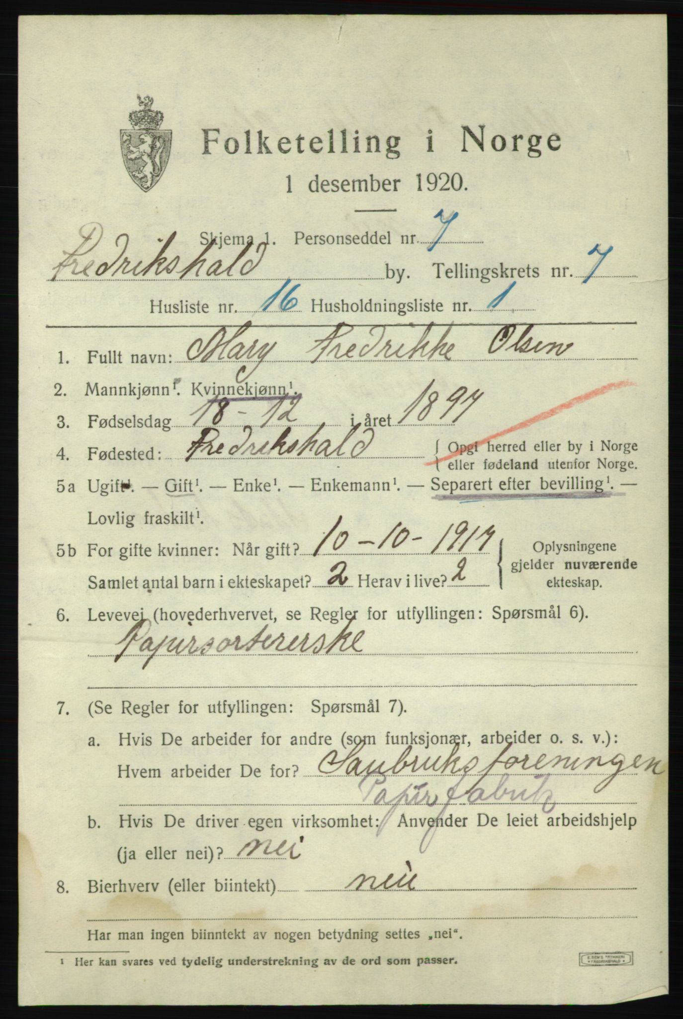 SAO, 1920 census for Fredrikshald, 1920, p. 14196