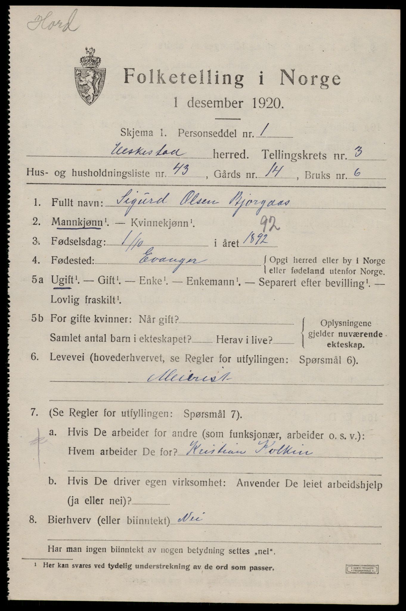 SAST, 1920 census for Heskestad, 1920, p. 1407