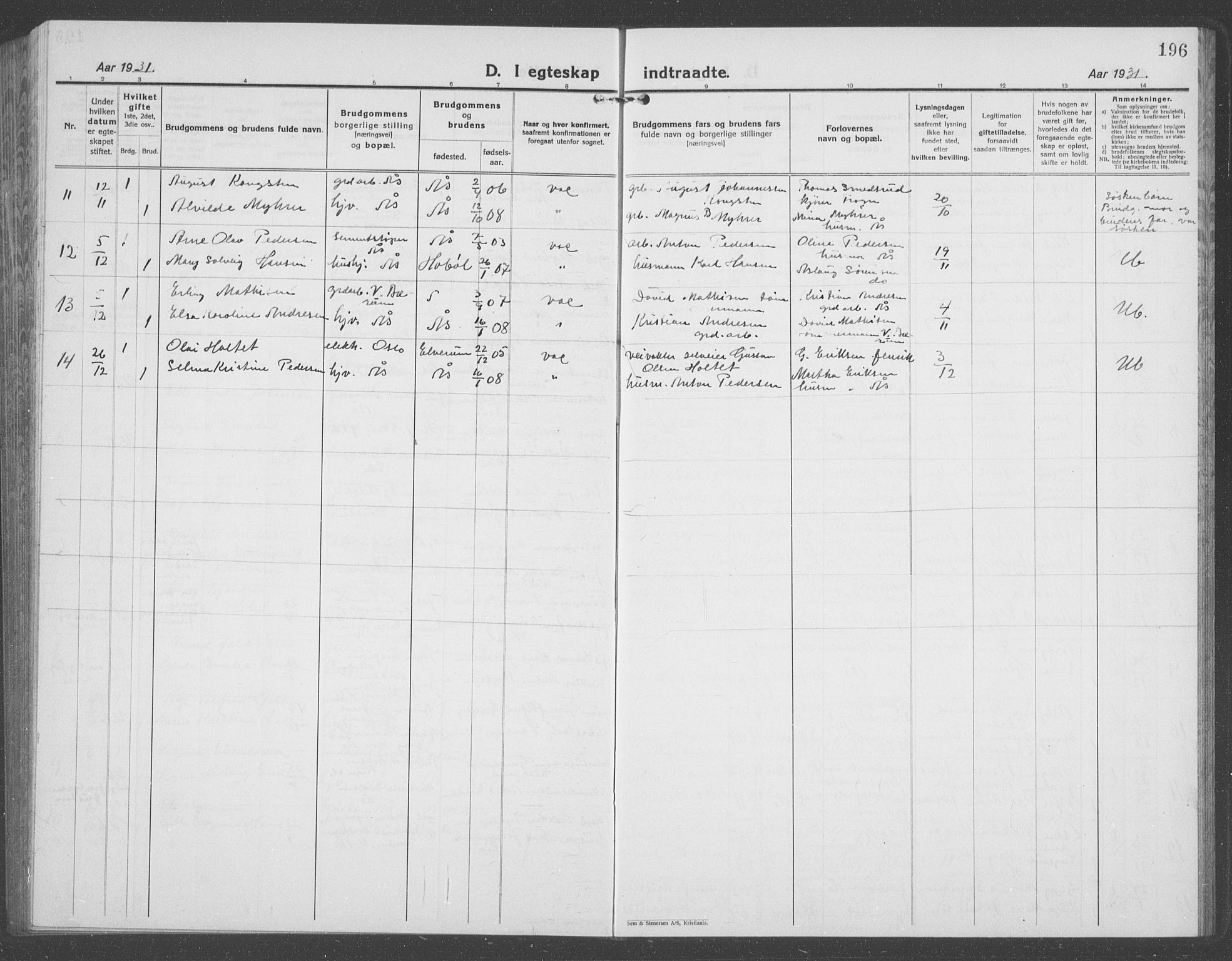 Ås prestekontor Kirkebøker, AV/SAO-A-10894/G/Ga/L0006: Parish register (copy) no. I 6, 1925-1940, p. 196