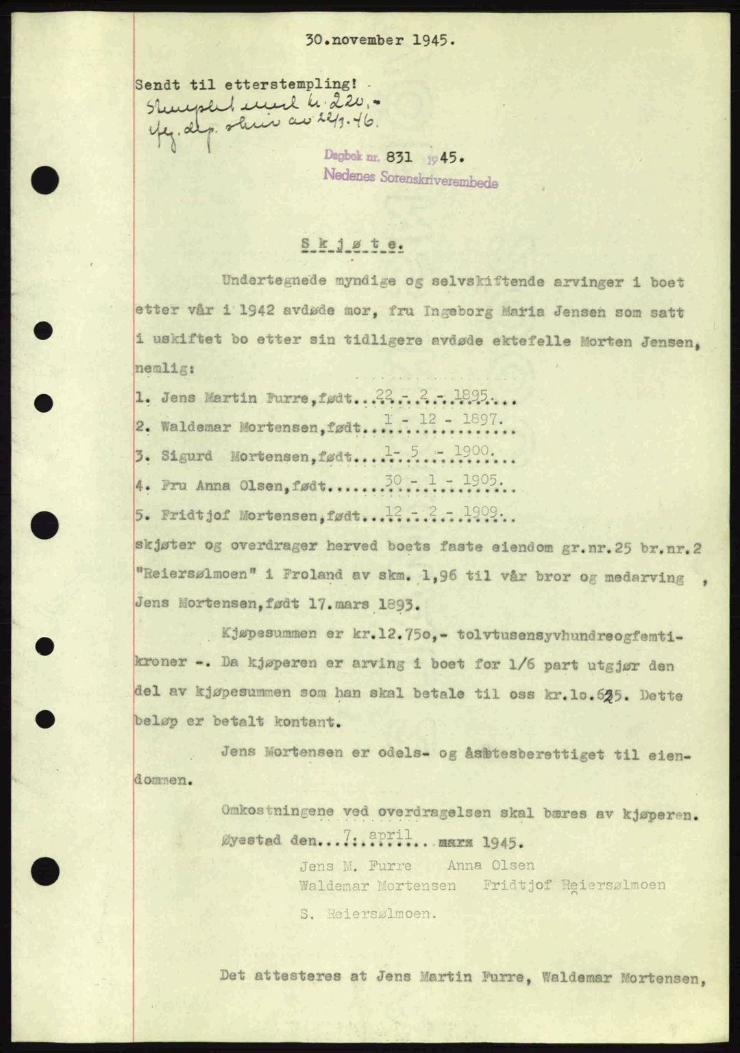 Nedenes sorenskriveri, SAK/1221-0006/G/Gb/Gba/L0053: Mortgage book no. A6b, 1945-1945, Diary no: : 831/1945