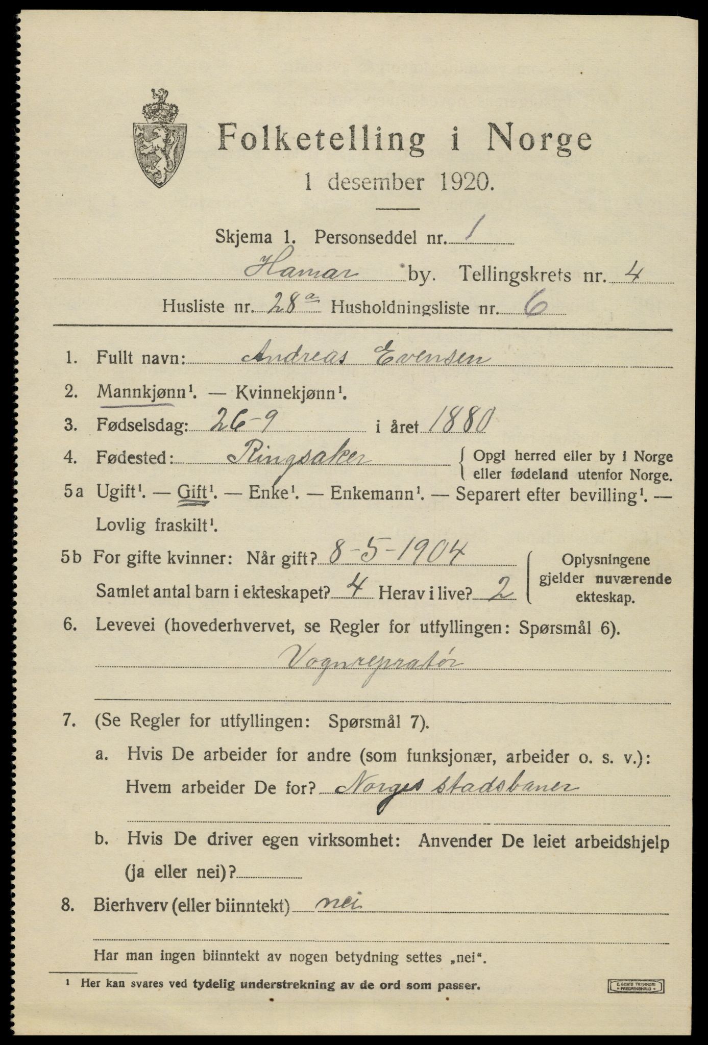 SAH, 1920 census for Hamar, 1920, p. 9185