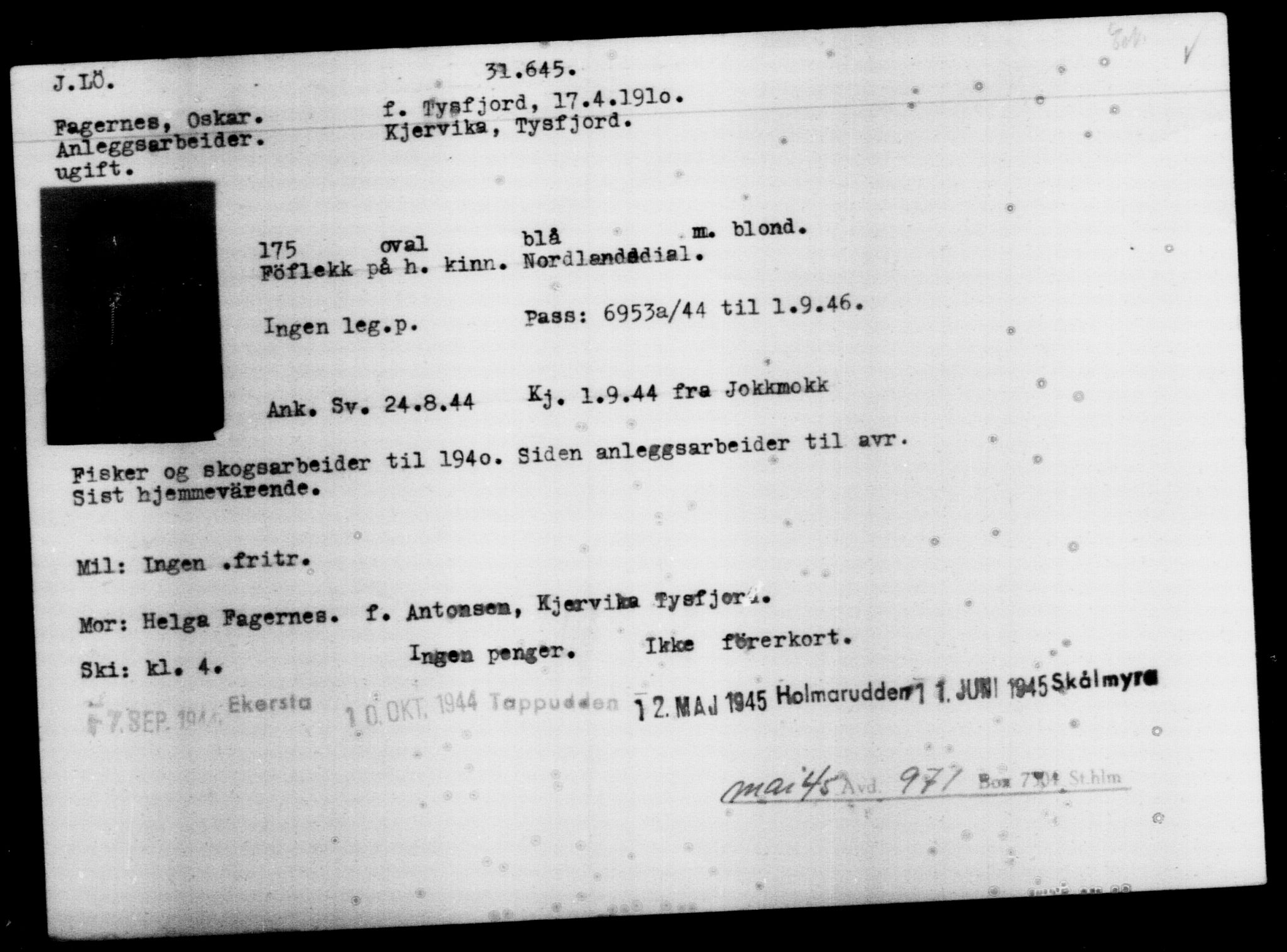 Den Kgl. Norske Legasjons Flyktningskontor, RA/S-6753/V/Va/L0013: Kjesäterkartoteket.  Flyktningenr. 31500-34731, 1940-1945, p. 158