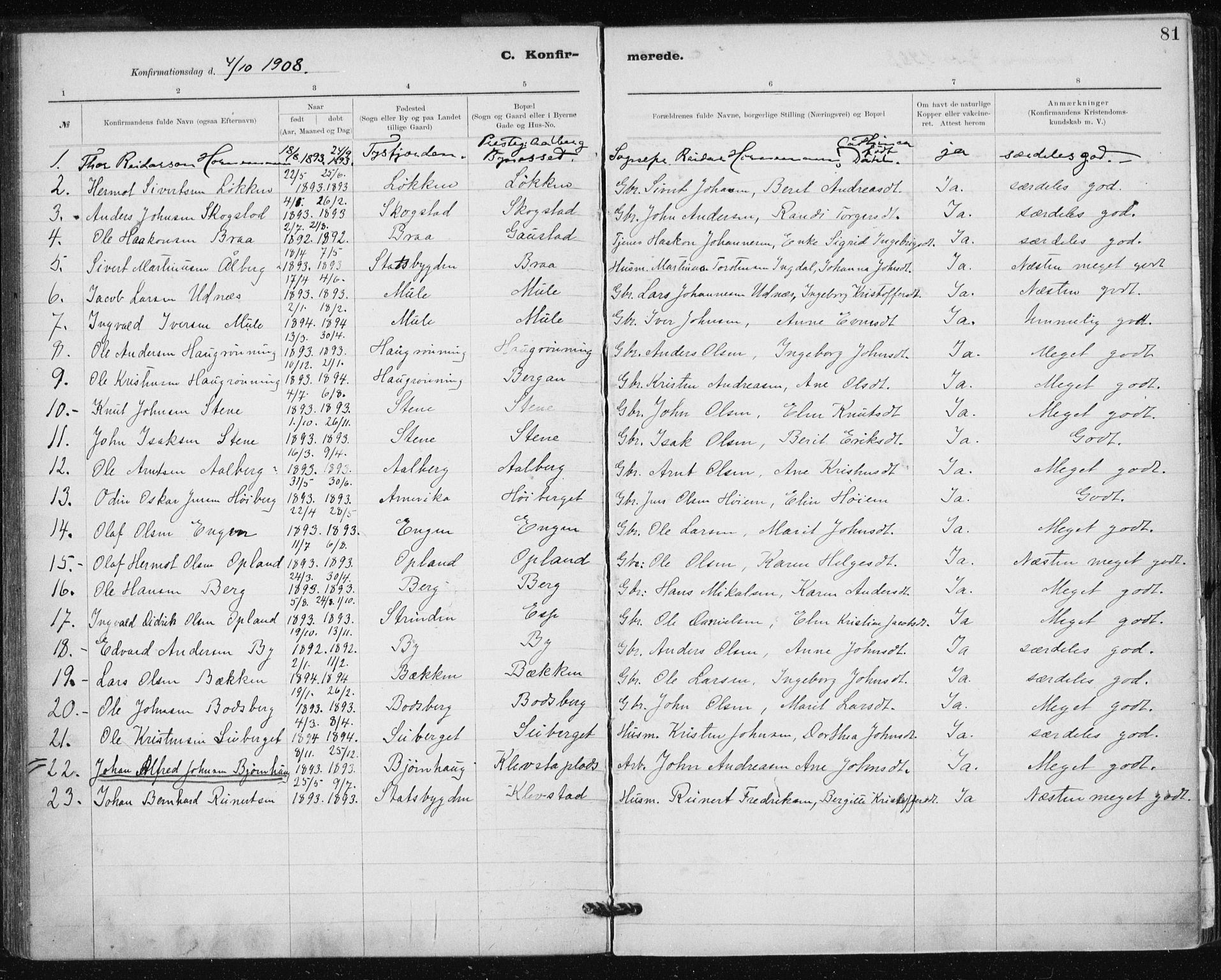 Ministerialprotokoller, klokkerbøker og fødselsregistre - Sør-Trøndelag, SAT/A-1456/612/L0381: Parish register (official) no. 612A13, 1907-1923, p. 81