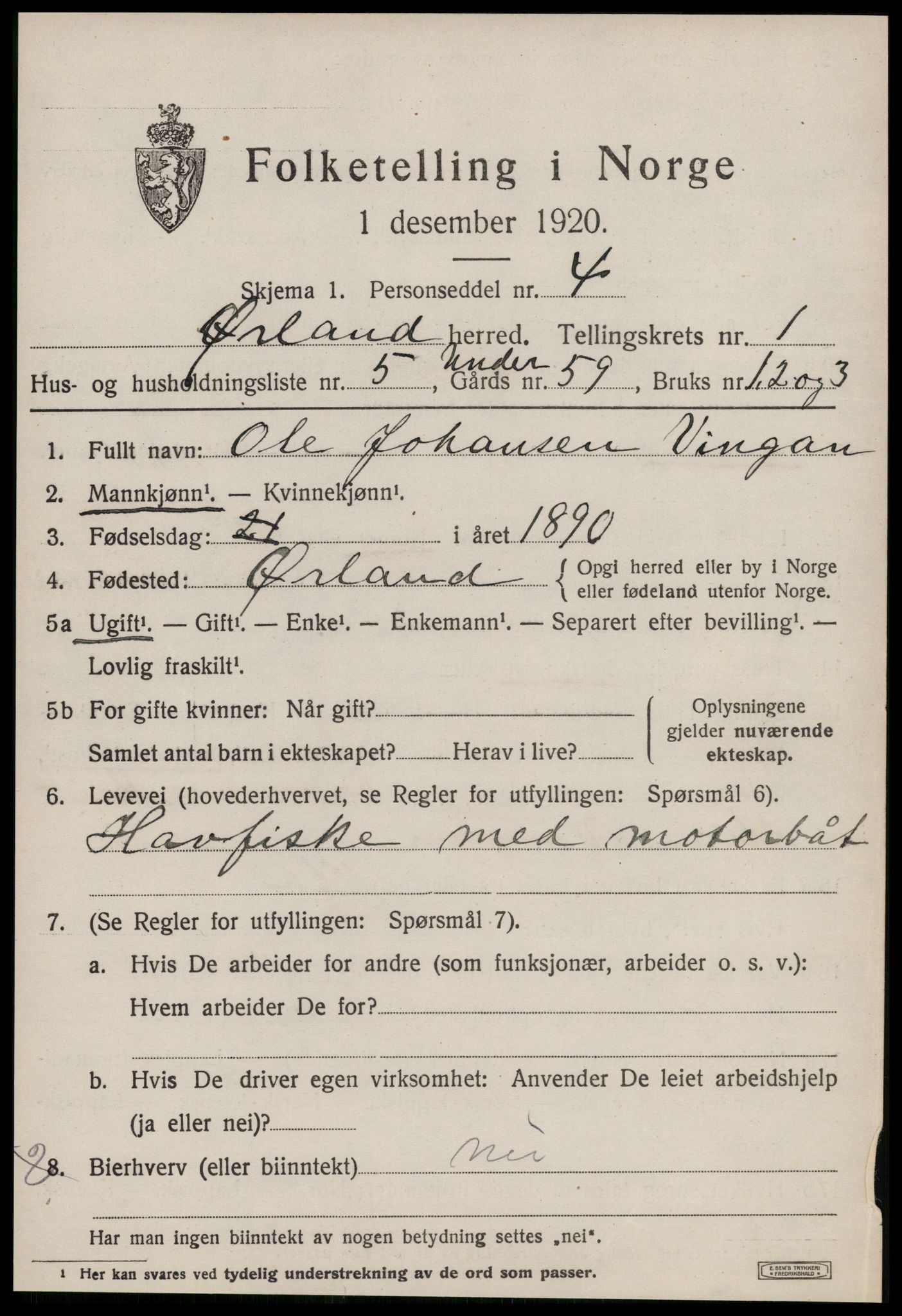 SAT, 1920 census for Ørland, 1920, p. 1409
