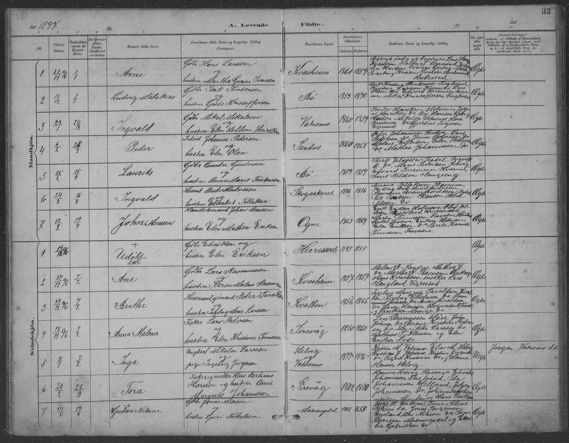 Eigersund sokneprestkontor, SAST/A-101807/S09: Parish register (copy) no. B 21, 1890-1915, p. 32