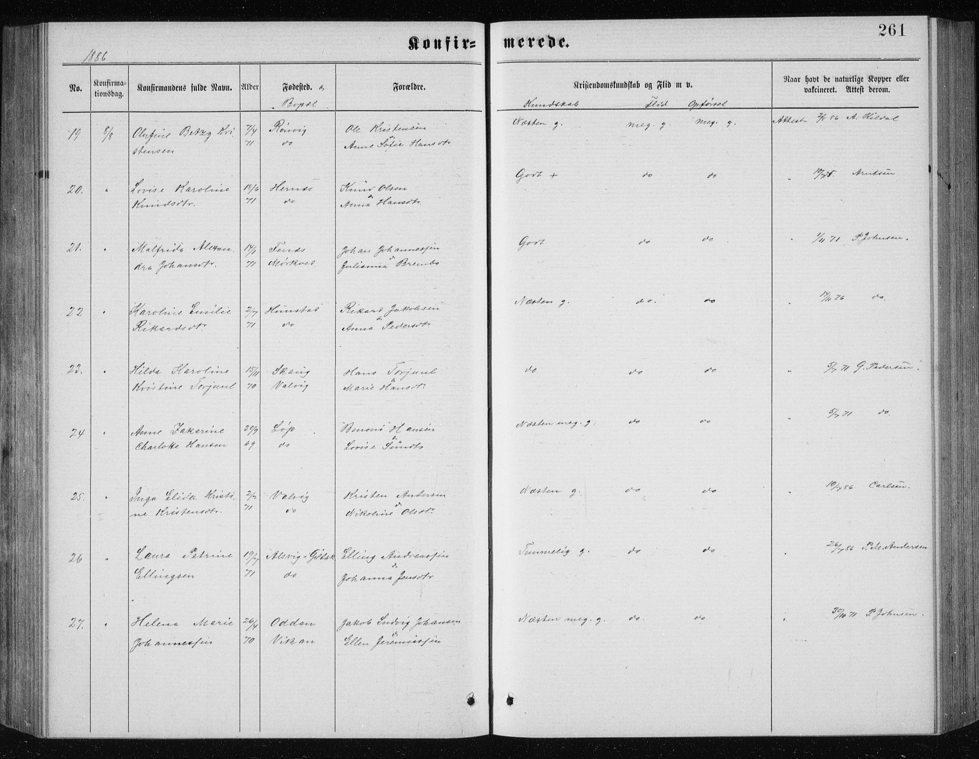 Ministerialprotokoller, klokkerbøker og fødselsregistre - Nordland, AV/SAT-A-1459/801/L0031: Parish register (copy) no. 801C06, 1883-1887, p. 261