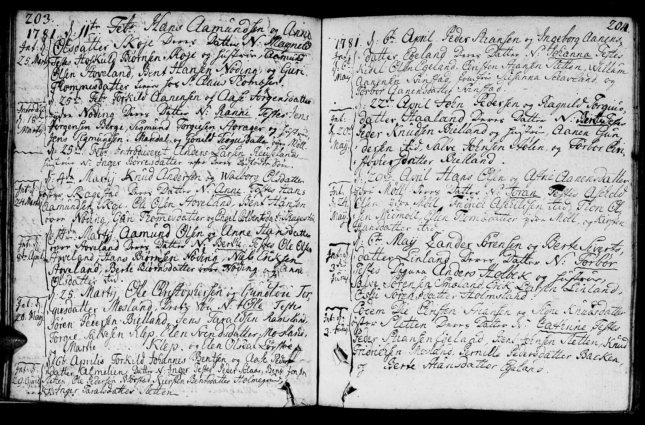 Holum sokneprestkontor, SAK/1111-0022/F/Fa/Faa/L0003: Parish register (official) no. A 3, 1780-1821, p. 203-204