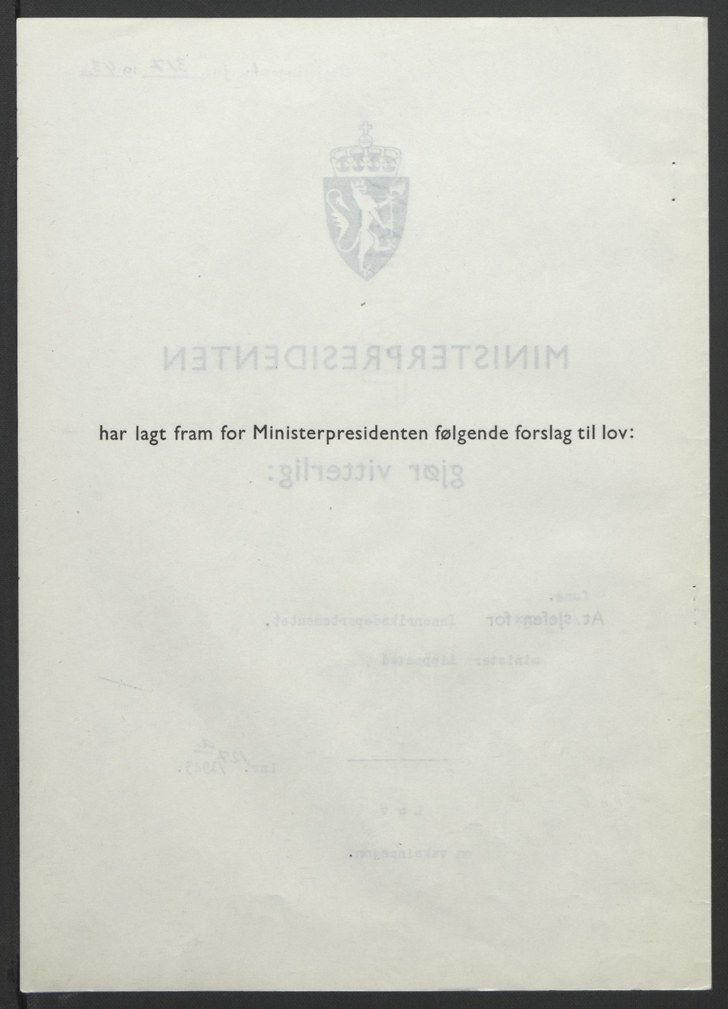 NS-administrasjonen 1940-1945 (Statsrådsekretariatet, de kommisariske statsråder mm), RA/S-4279/D/Db/L0099: Lover, 1943, p. 589