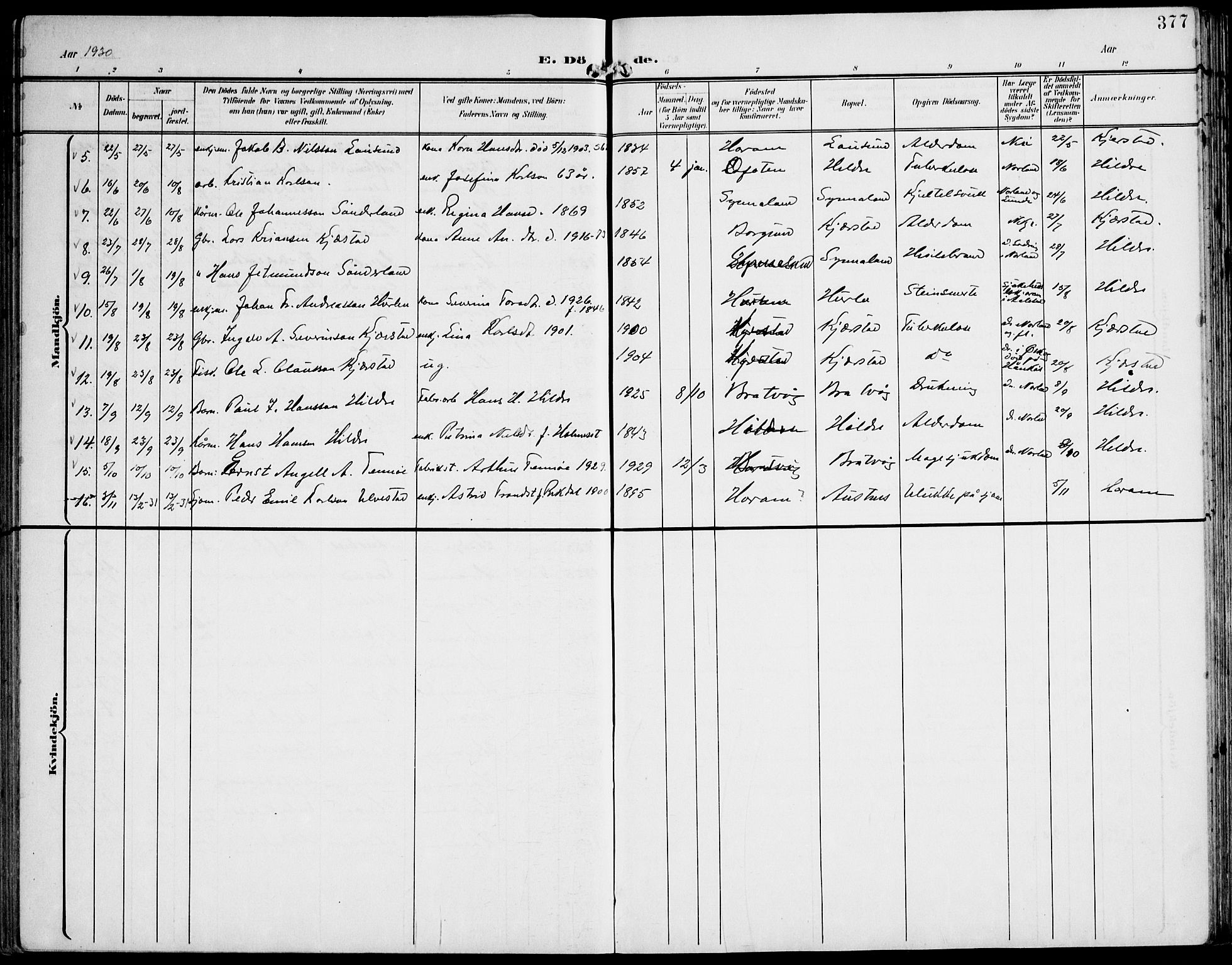 Ministerialprotokoller, klokkerbøker og fødselsregistre - Møre og Romsdal, AV/SAT-A-1454/536/L0511: Parish register (copy) no. 536C06, 1899-1944, p. 377