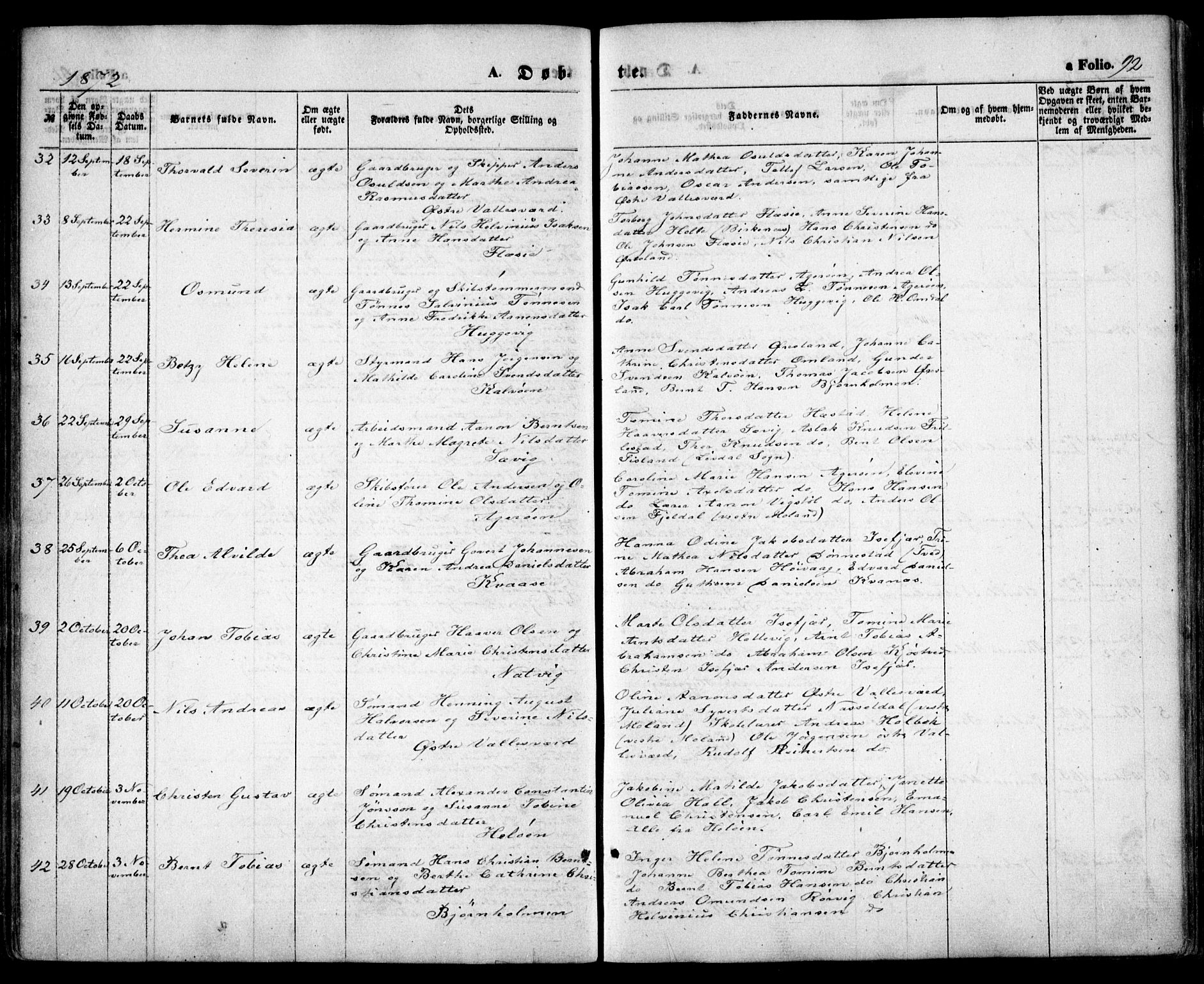 Høvåg sokneprestkontor, SAK/1111-0025/F/Fa/L0004: Parish register (official) no. A 4, 1859-1877, p. 92