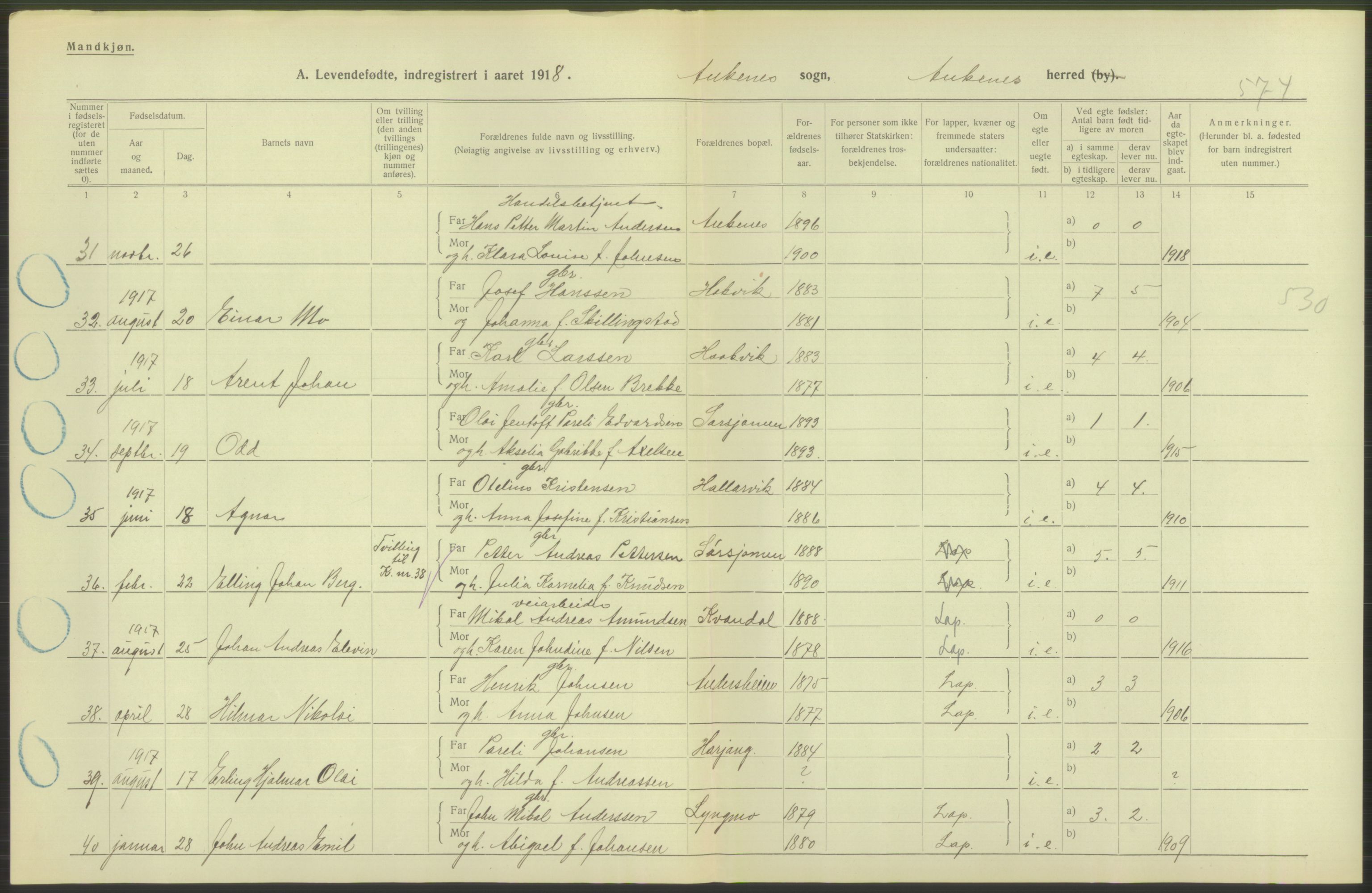 Statistisk sentralbyrå, Sosiodemografiske emner, Befolkning, AV/RA-S-2228/D/Df/Dfb/Dfbh/L0052: Nordland fylke: Levendefødte menn og kvinner. Bygder., 1918, p. 420