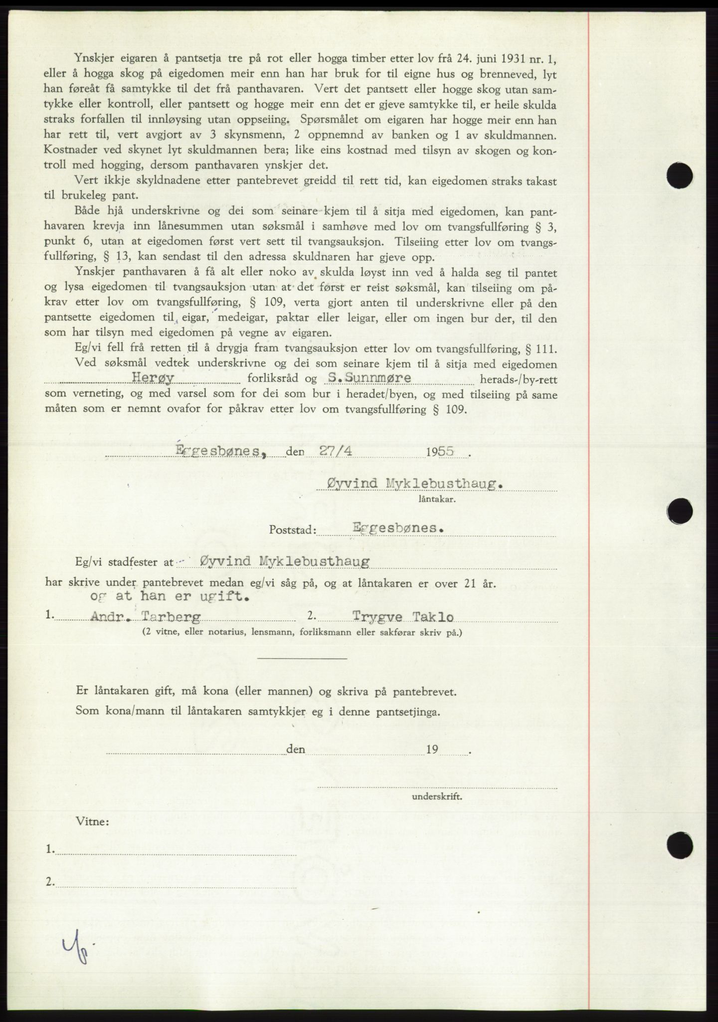 Søre Sunnmøre sorenskriveri, AV/SAT-A-4122/1/2/2C/L0126: Mortgage book no. 14B, 1954-1955, Diary no: : 1062/1955