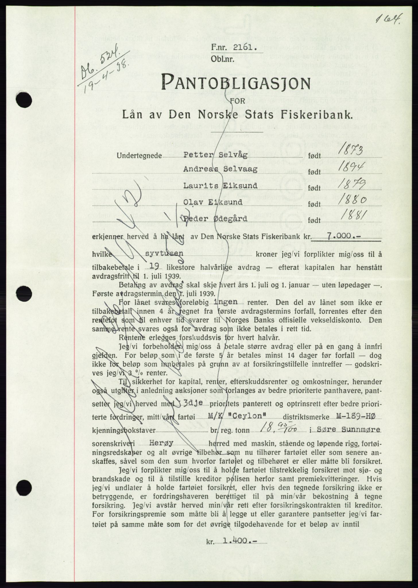 Søre Sunnmøre sorenskriveri, AV/SAT-A-4122/1/2/2C/L0065: Mortgage book no. 59, 1938-1938, Diary no: : 524/1938