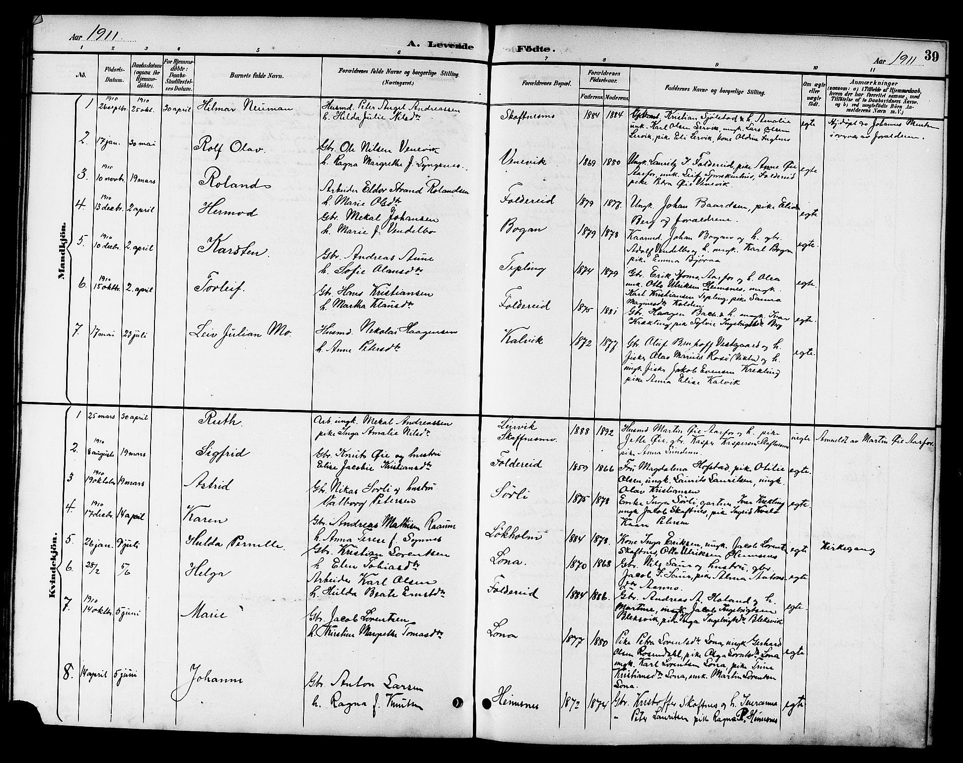 Ministerialprotokoller, klokkerbøker og fødselsregistre - Nord-Trøndelag, SAT/A-1458/783/L0662: Parish register (copy) no. 783C02, 1894-1919, p. 39