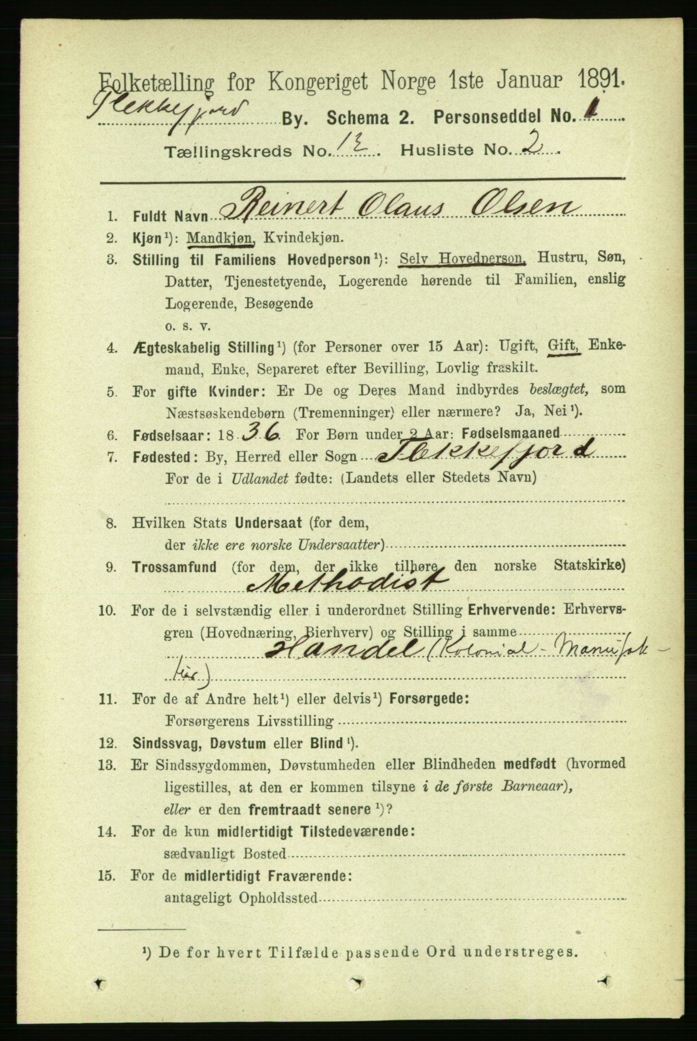 RA, 1891 census for 1004 Flekkefjord, 1891, p. 1695