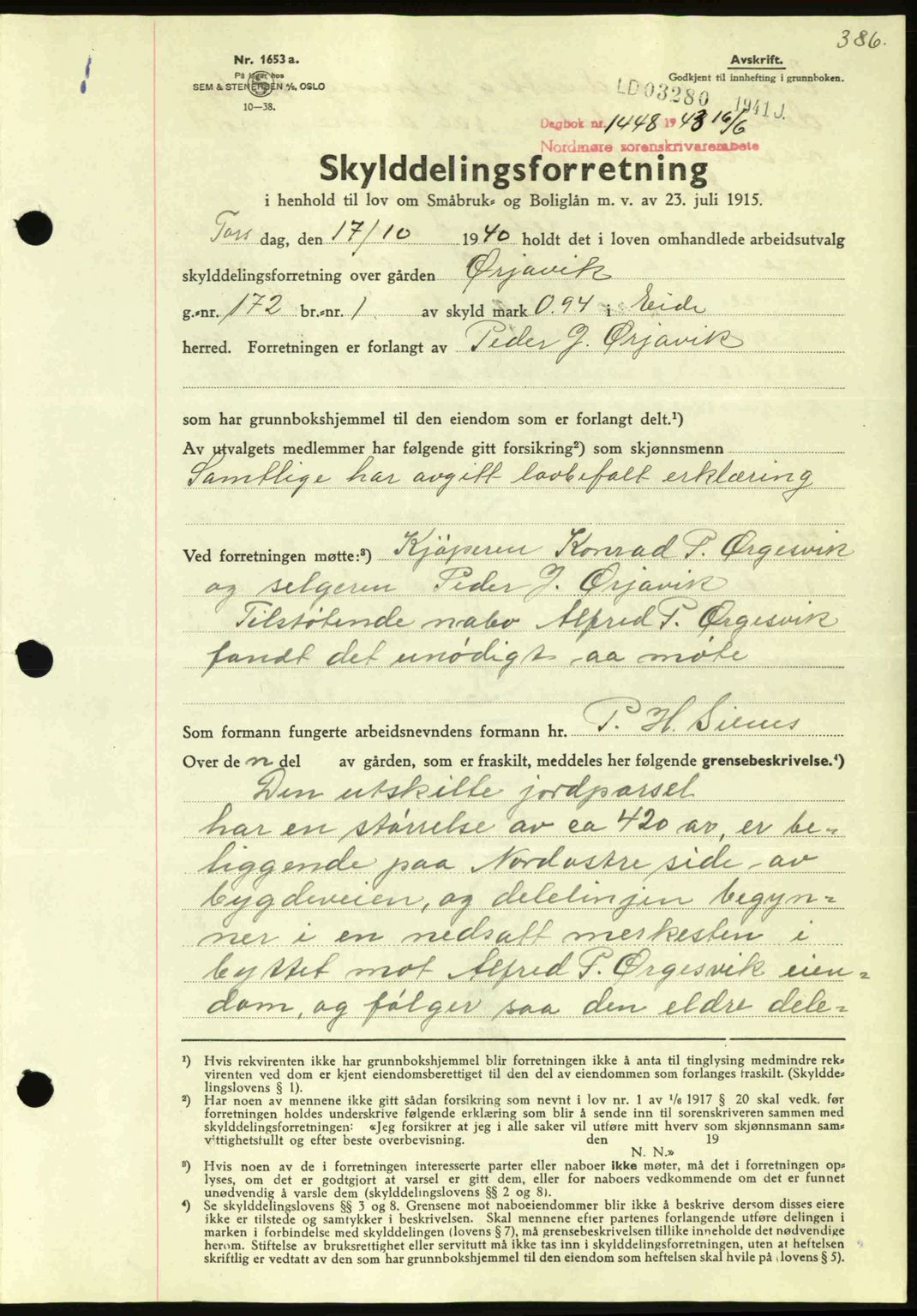 Nordmøre sorenskriveri, AV/SAT-A-4132/1/2/2Ca: Mortgage book no. A95, 1943-1943, Diary no: : 1448/1943