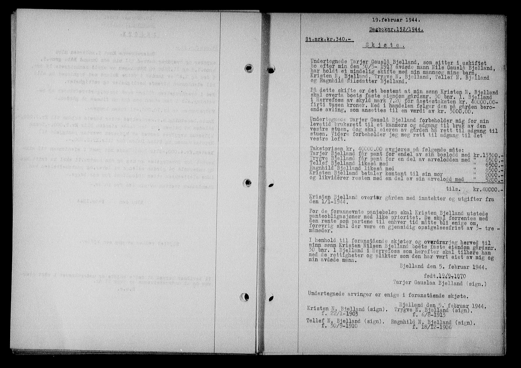 Nedenes sorenskriveri, AV/SAK-1221-0006/G/Gb/Gba/L0051: Mortgage book no. A-V, 1943-1944, Diary no: : 152/1944