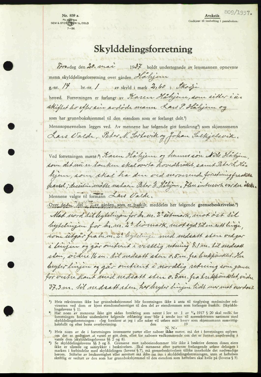 Nordre Sunnmøre sorenskriveri, AV/SAT-A-0006/1/2/2C/2Ca: Mortgage book no. A3, 1937-1937, Diary no: : 809/1937