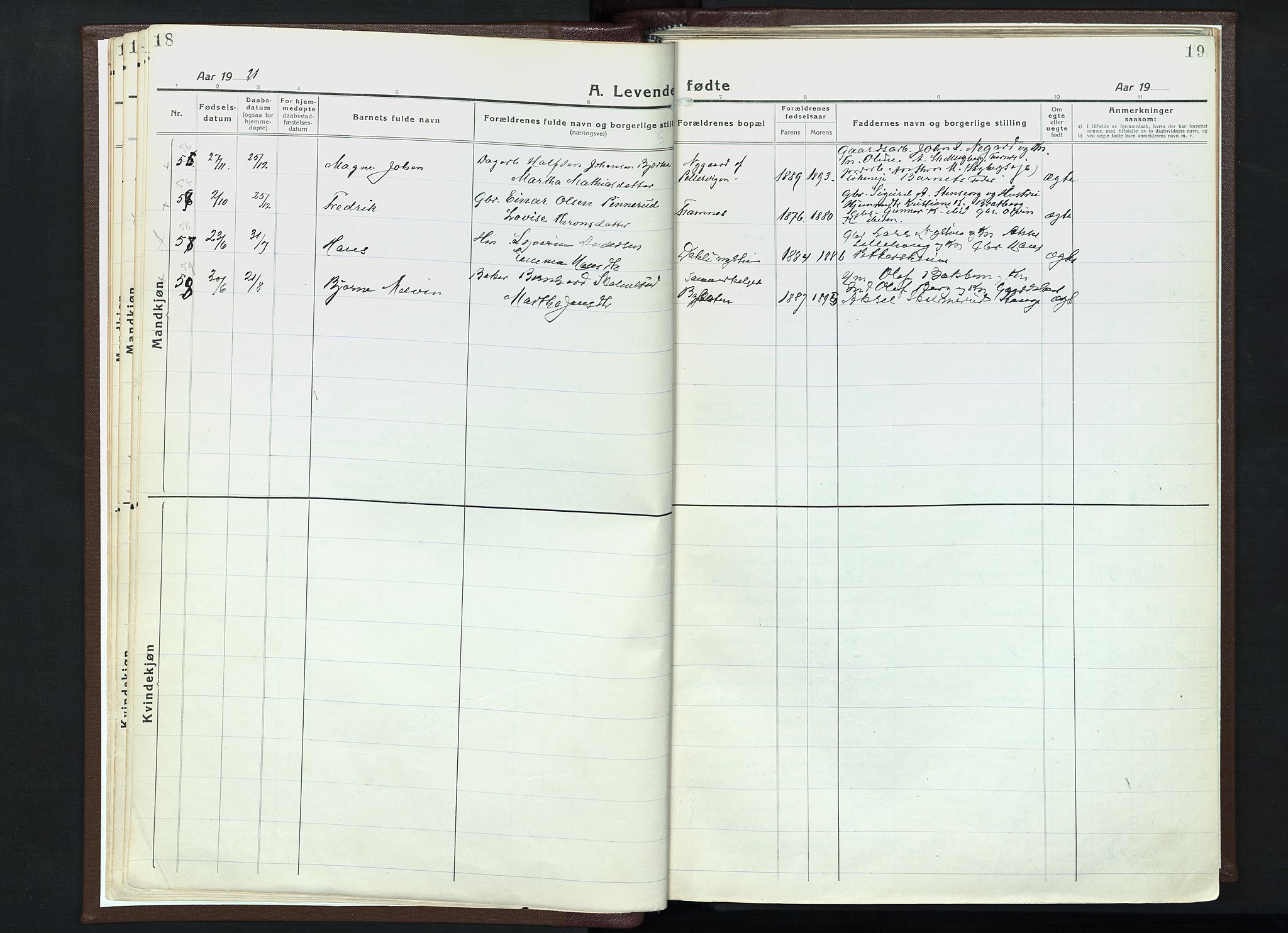 Veldre prestekontor, AV/SAH-PREST-018/K/Ka/L0001: Parish register (official) no. 1, 1921-1934, p. 18-19