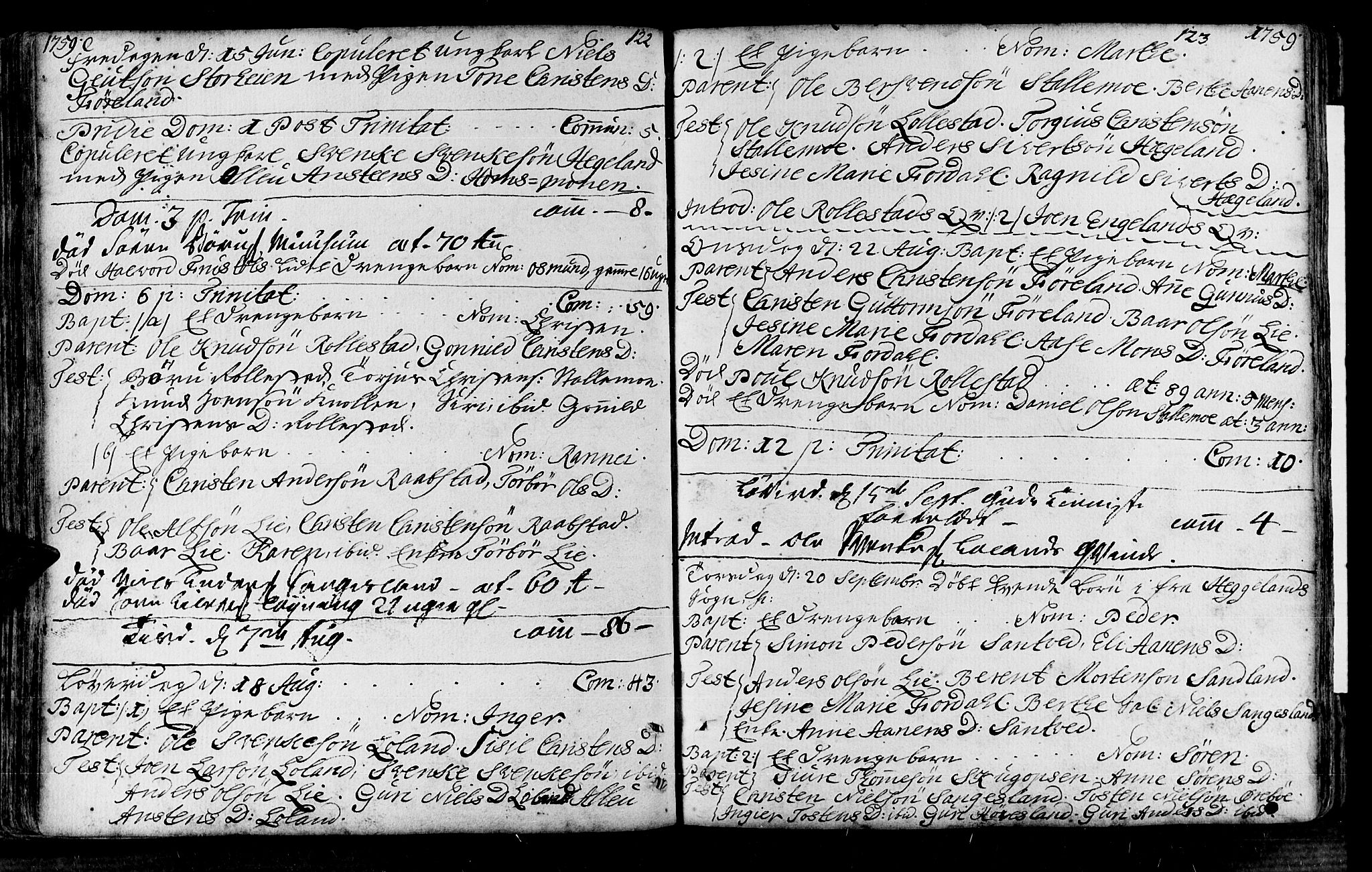 Vennesla sokneprestkontor, AV/SAK-1111-0045/Fa/Fac/L0001: Parish register (official) no. A 1, 1743-1784, p. 122-123