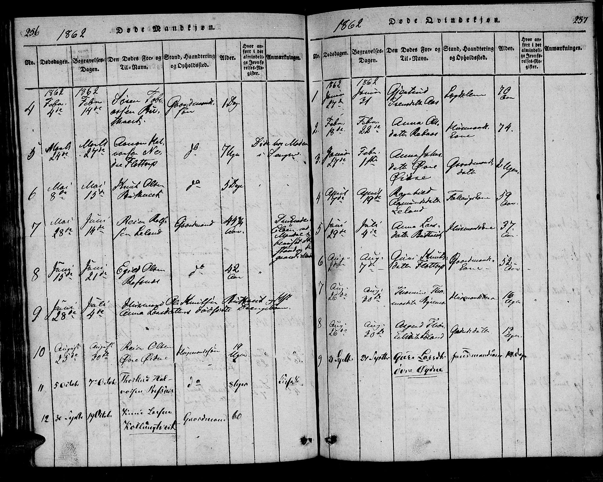 Bjelland sokneprestkontor, SAK/1111-0005/F/Fa/Fac/L0001: Parish register (official) no. A 1, 1815-1866, p. 256-257
