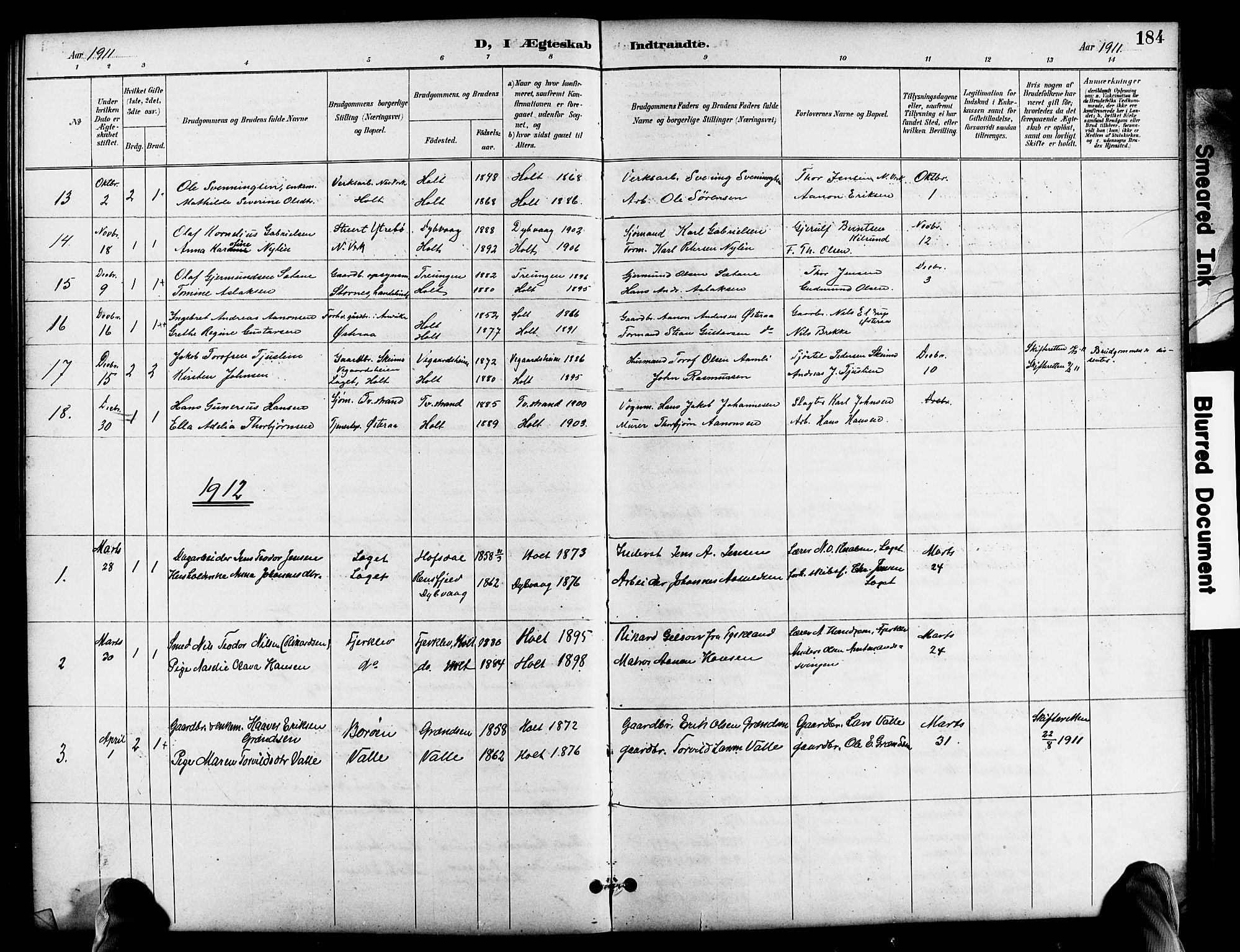 Holt sokneprestkontor, SAK/1111-0021/F/Fb/L0011: Parish register (copy) no. B 11, 1897-1921, p. 184
