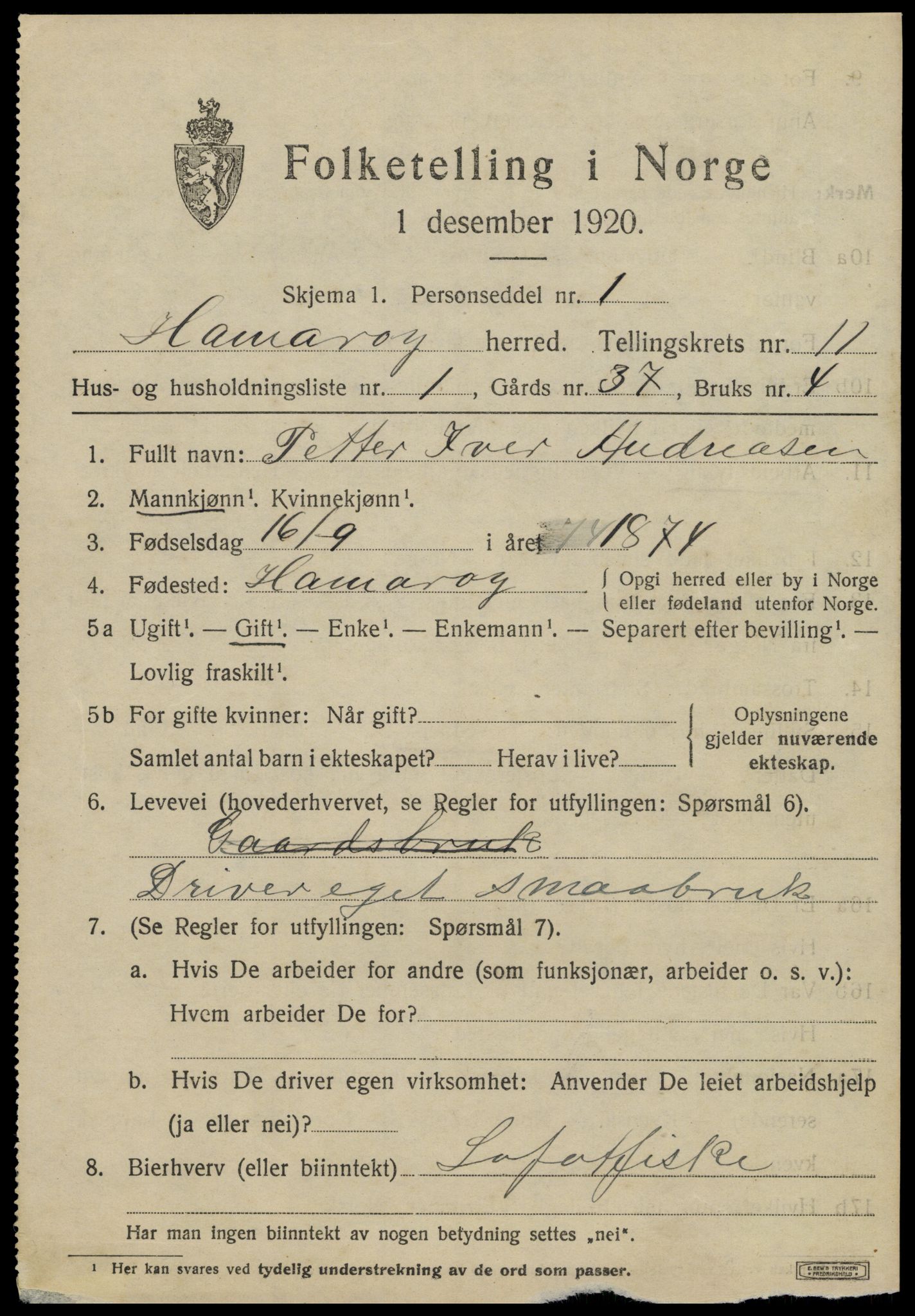 SAT, 1920 census for Hamarøy, 1920, p. 5222