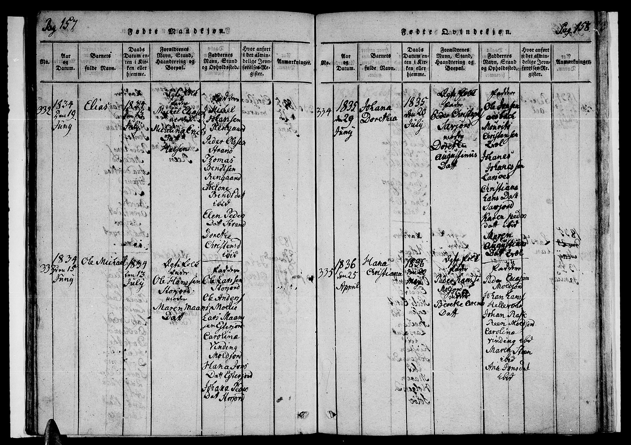 Ministerialprotokoller, klokkerbøker og fødselsregistre - Nordland, AV/SAT-A-1459/846/L0651: Parish register (copy) no. 846C01, 1821-1841, p. 157-158