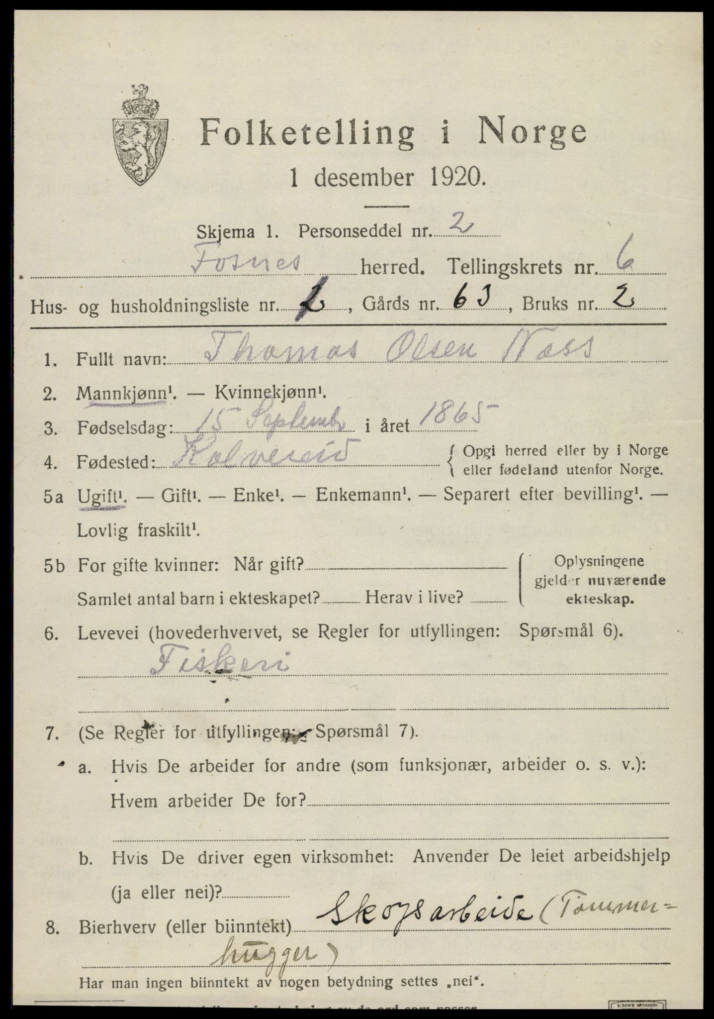 SAT, 1920 census for Fosnes, 1920, p. 2573